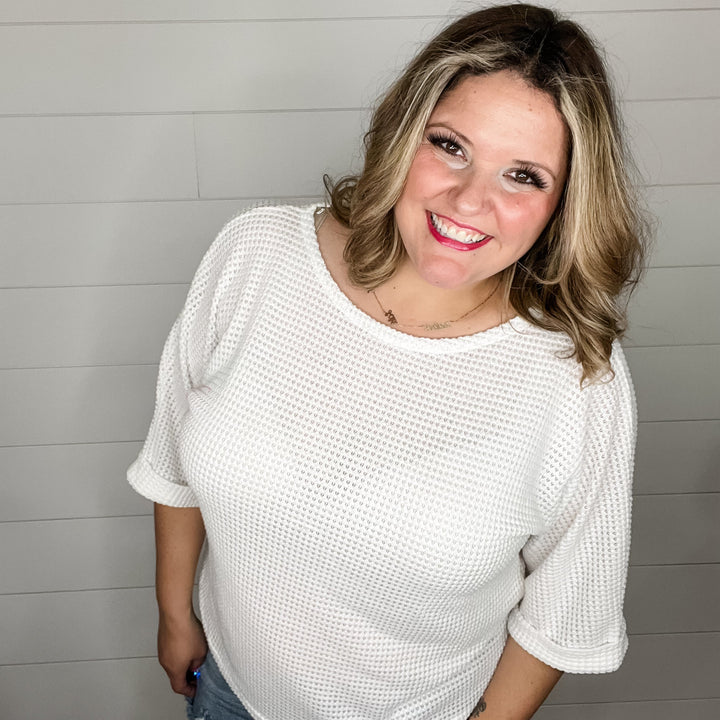 "Honeycutt" Cuffed 3/4 Sleeve Waffle Texture Top (Ivory)