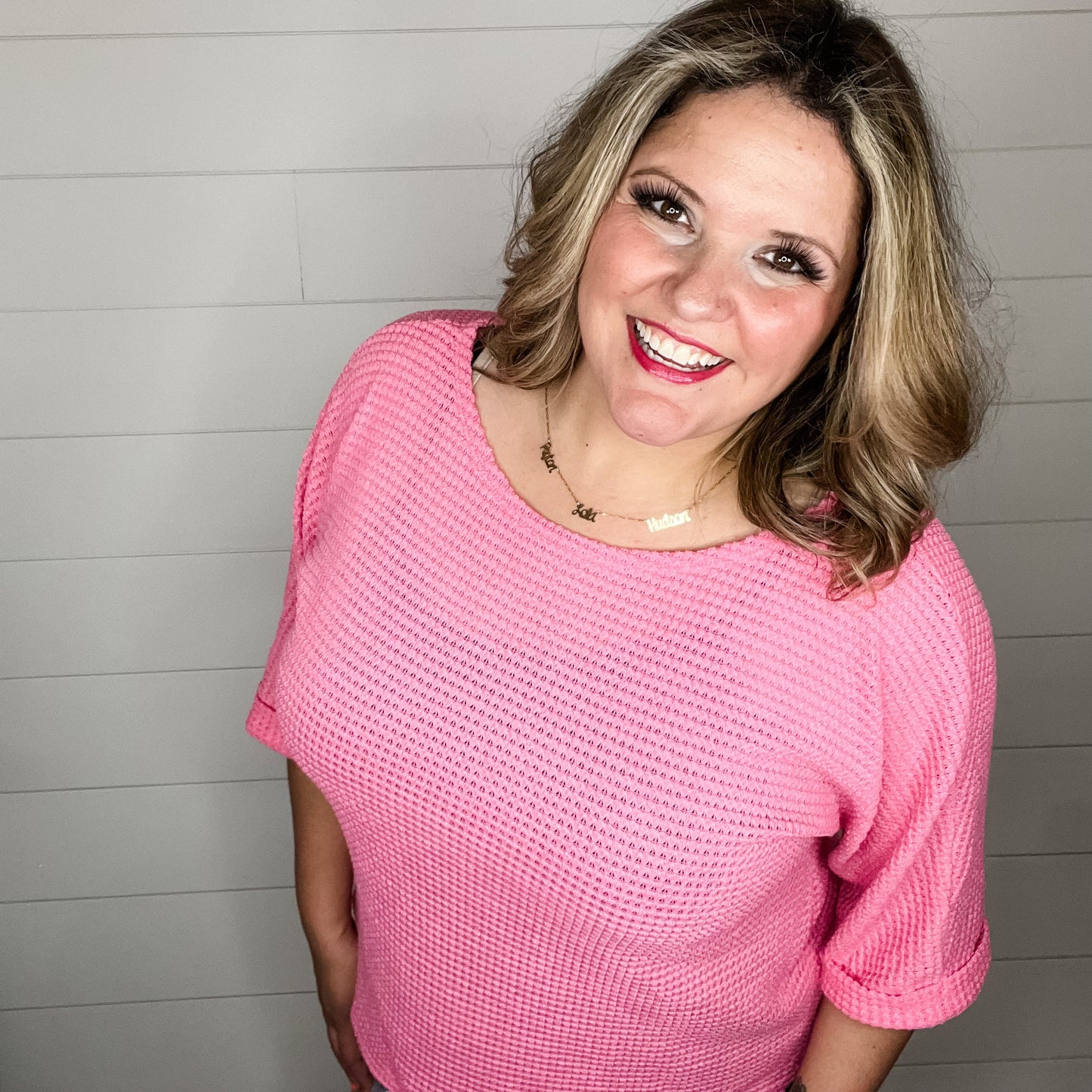 "Honeycutt" Cuffed 3/4 Sleeve Waffle Texture Top (Strawberry)