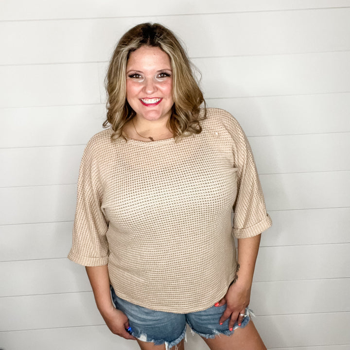 "Honeycutt" Cuffed 3/4 Sleeve Waffle Texture Top (Taupe)