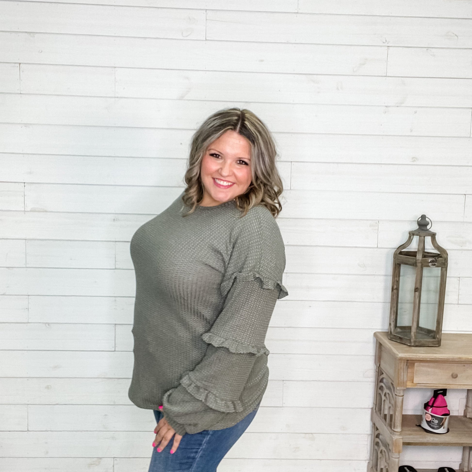 "I Like It" Long Sleeve with Ruffle Detail (Black or Olive)