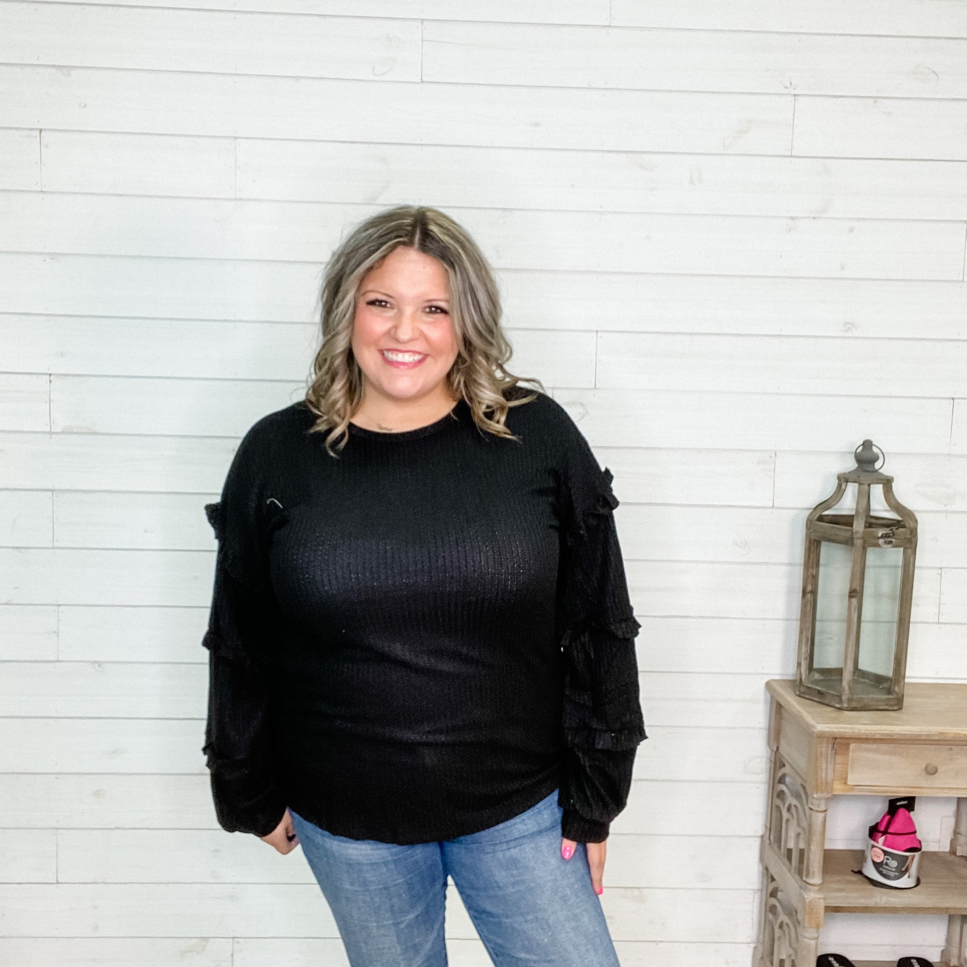 "I Like It" Long Sleeve with Ruffle Detail (Black or Olive)