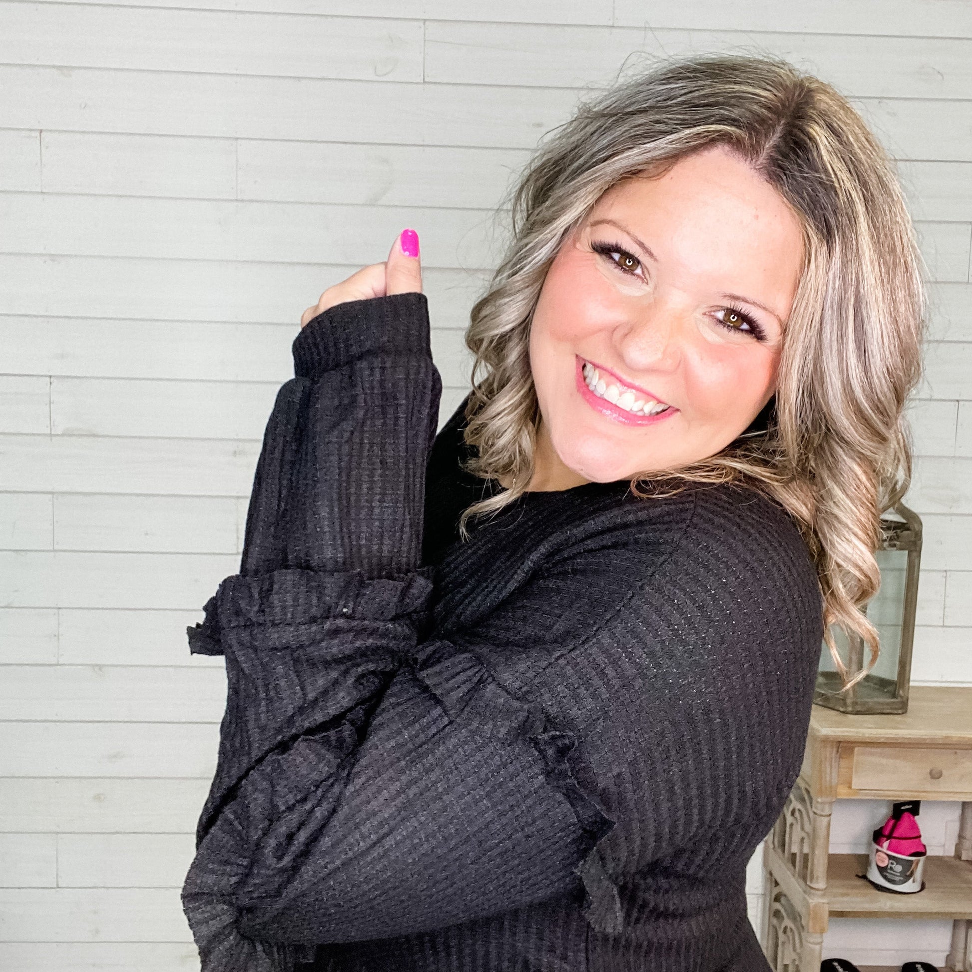 "I Like It" Long Sleeve with Ruffle Detail (Black or Olive)