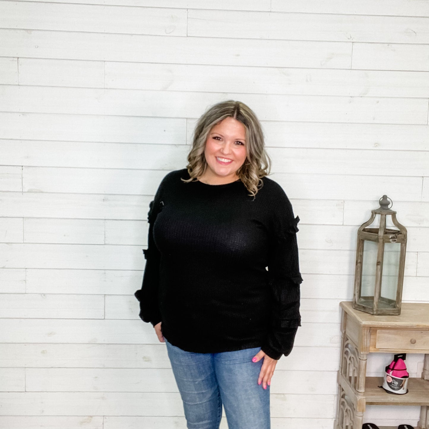 "I Like It" Long Sleeve with Ruffle Detail (Black or Olive)