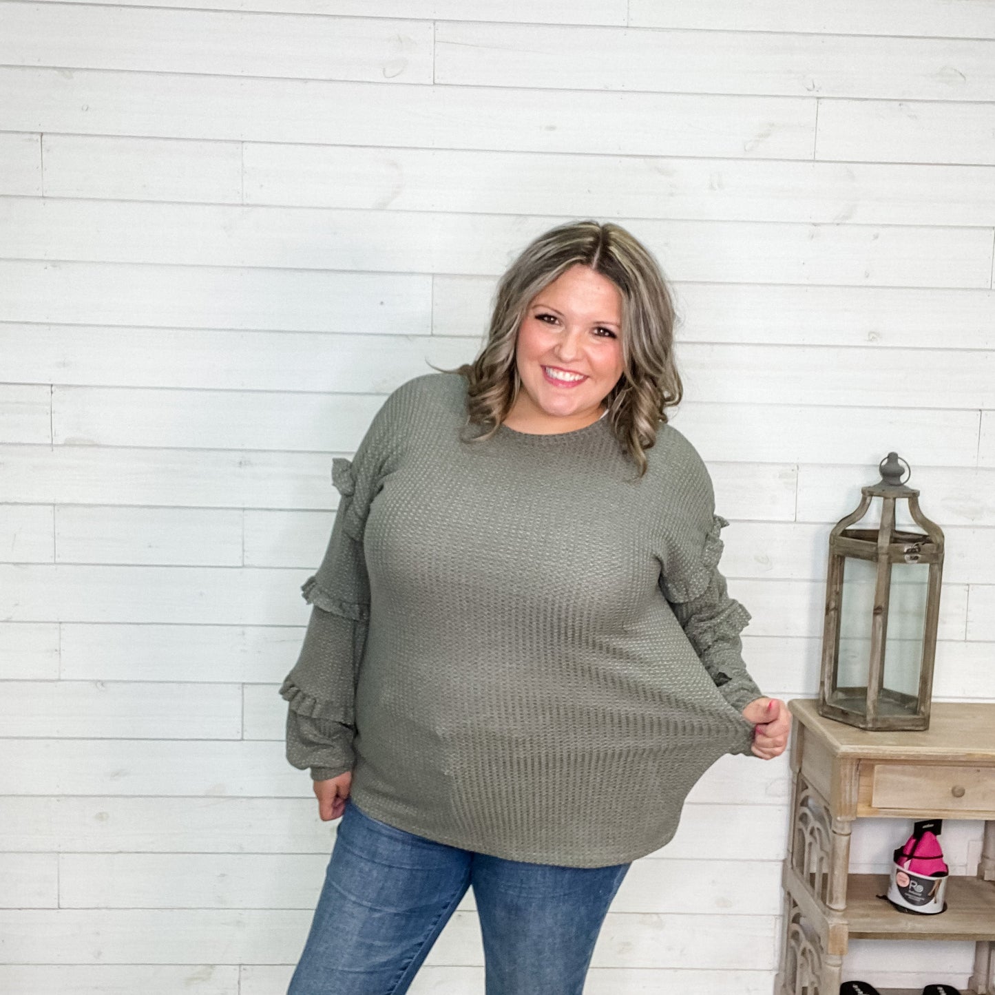 "I Like It" Long Sleeve with Ruffle Detail (Black or Olive)