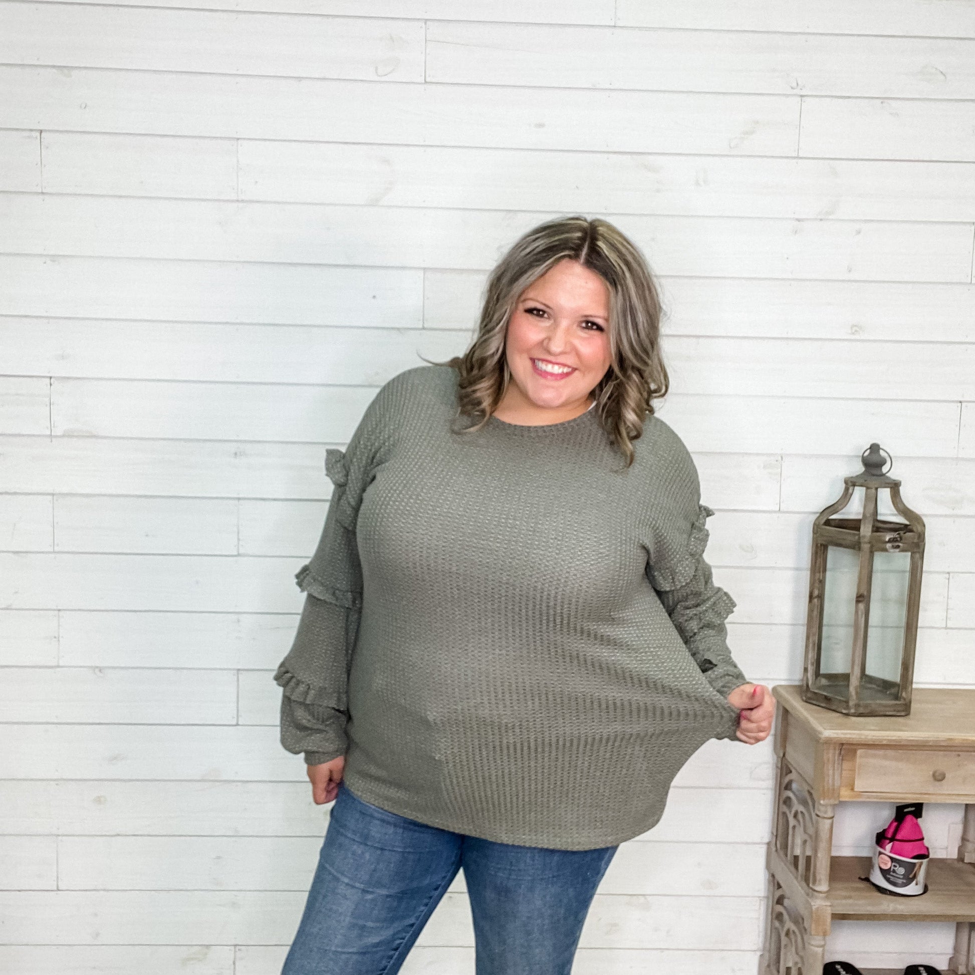 "I Like It" Long Sleeve with Ruffle Detail (Black or Olive)