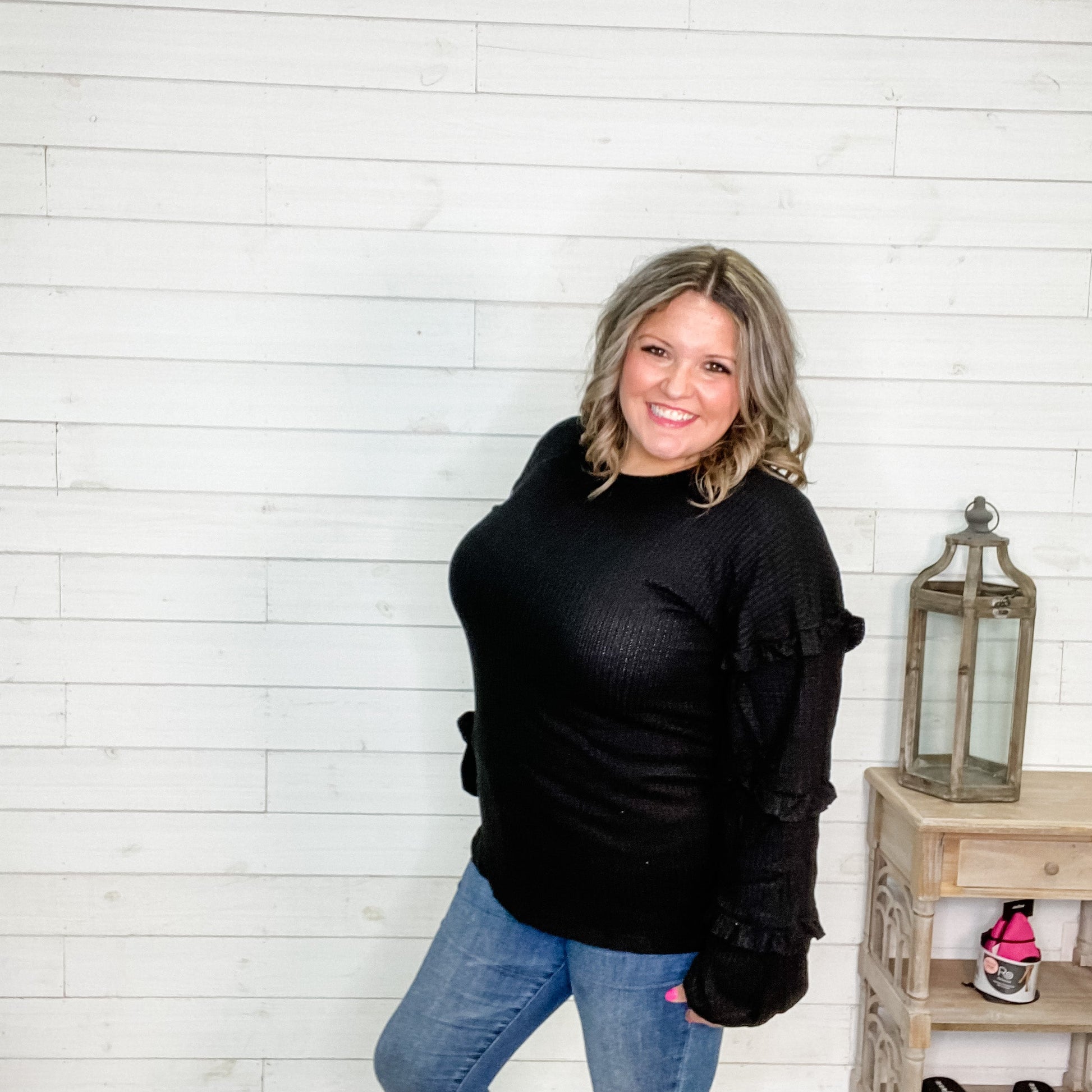 "I Like It" Long Sleeve with Ruffle Detail (Black or Olive)
