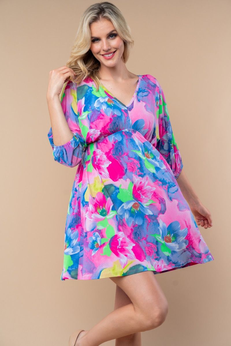 "I Wonder" Floral 3/4 Sleeve V Neck Dress