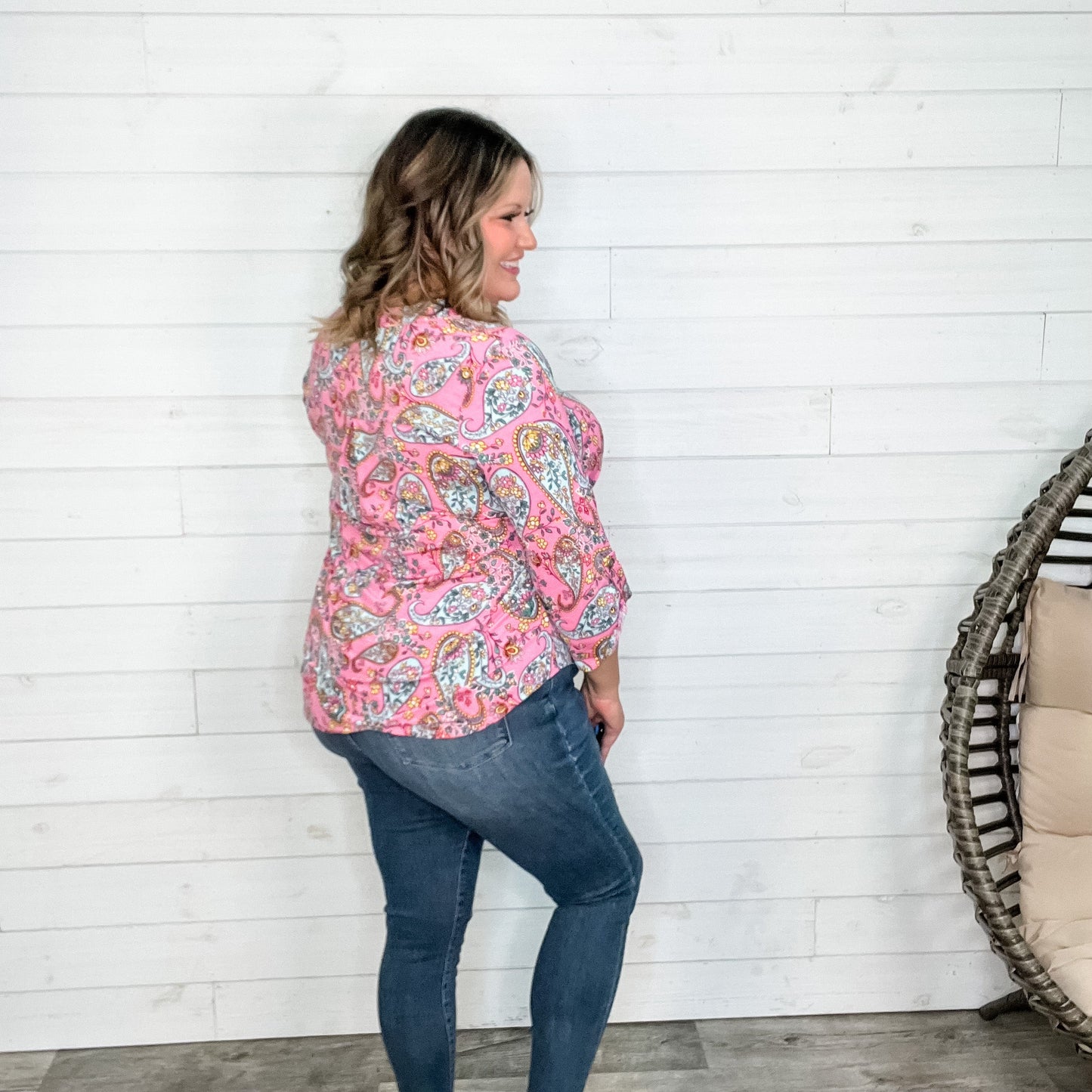 "Ian" Paisley Lizzy 3/4 Sleeve Split Neck