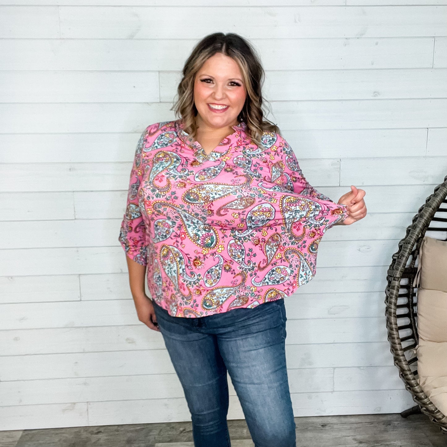 "Ian" Paisley Lizzy 3/4 Sleeve Split Neck