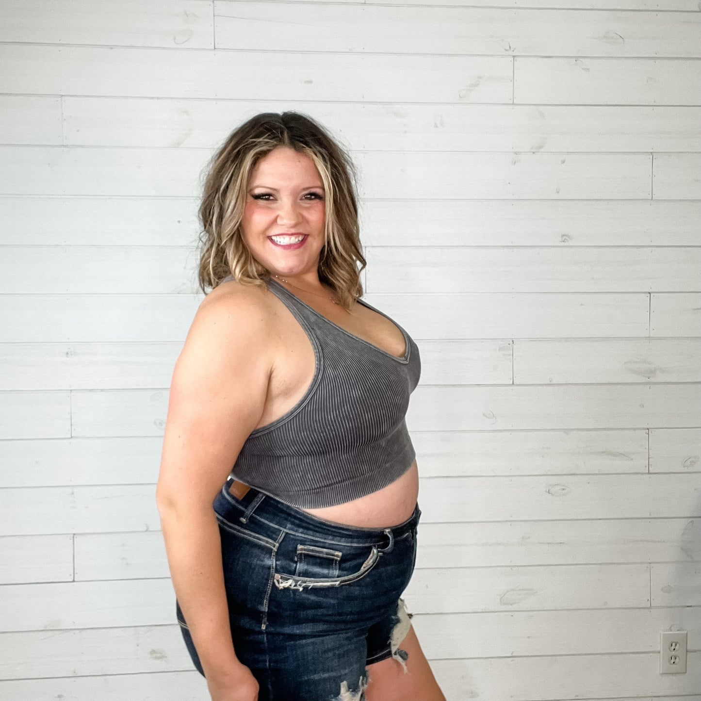 "I'm With The Band" Mineral Wash Ribbed Square Neck Cropped Bralette Tank (Multiple Colors)