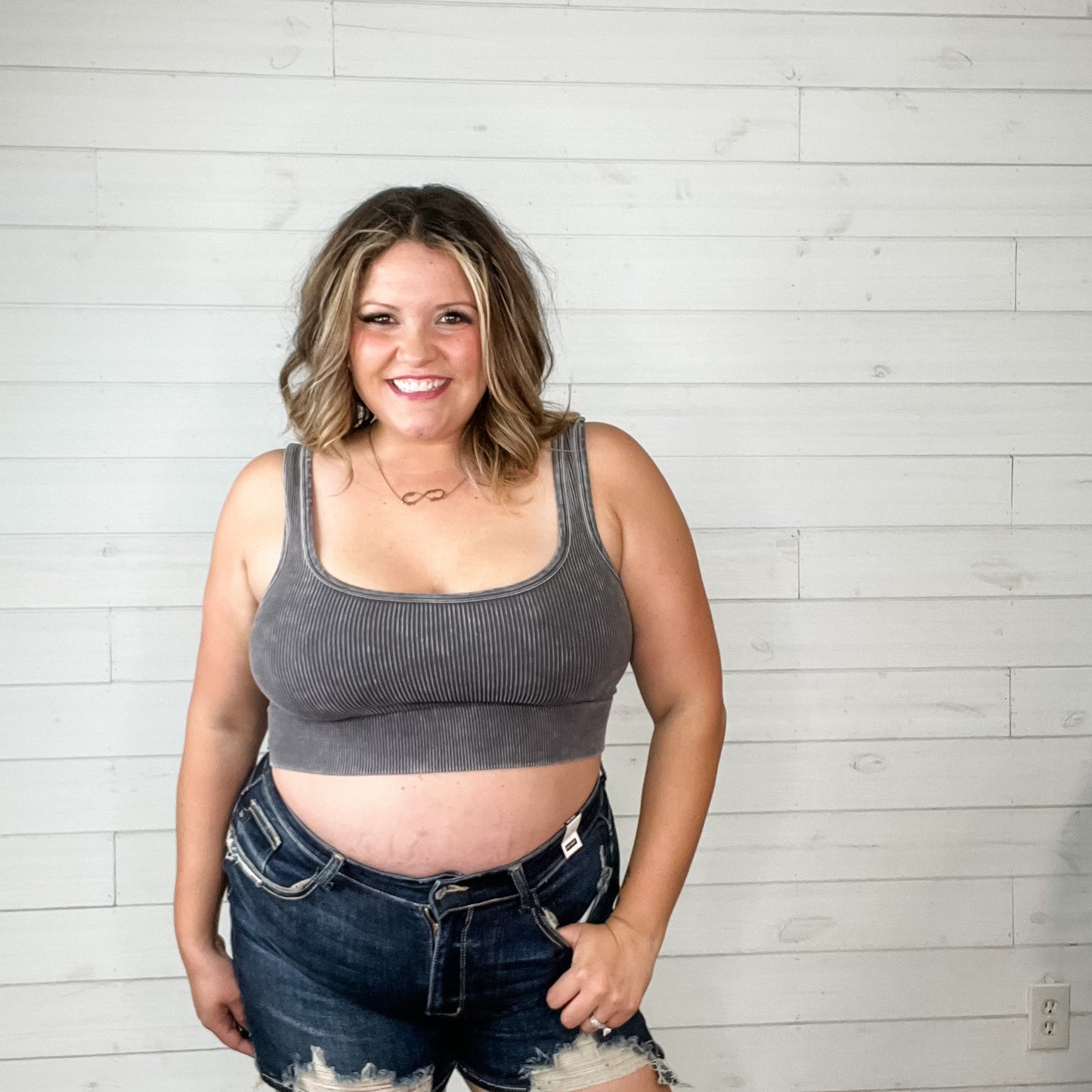"I'm With The Band" Mineral Wash Ribbed Square Neck Cropped Bralette Tank (Multiple Colors)