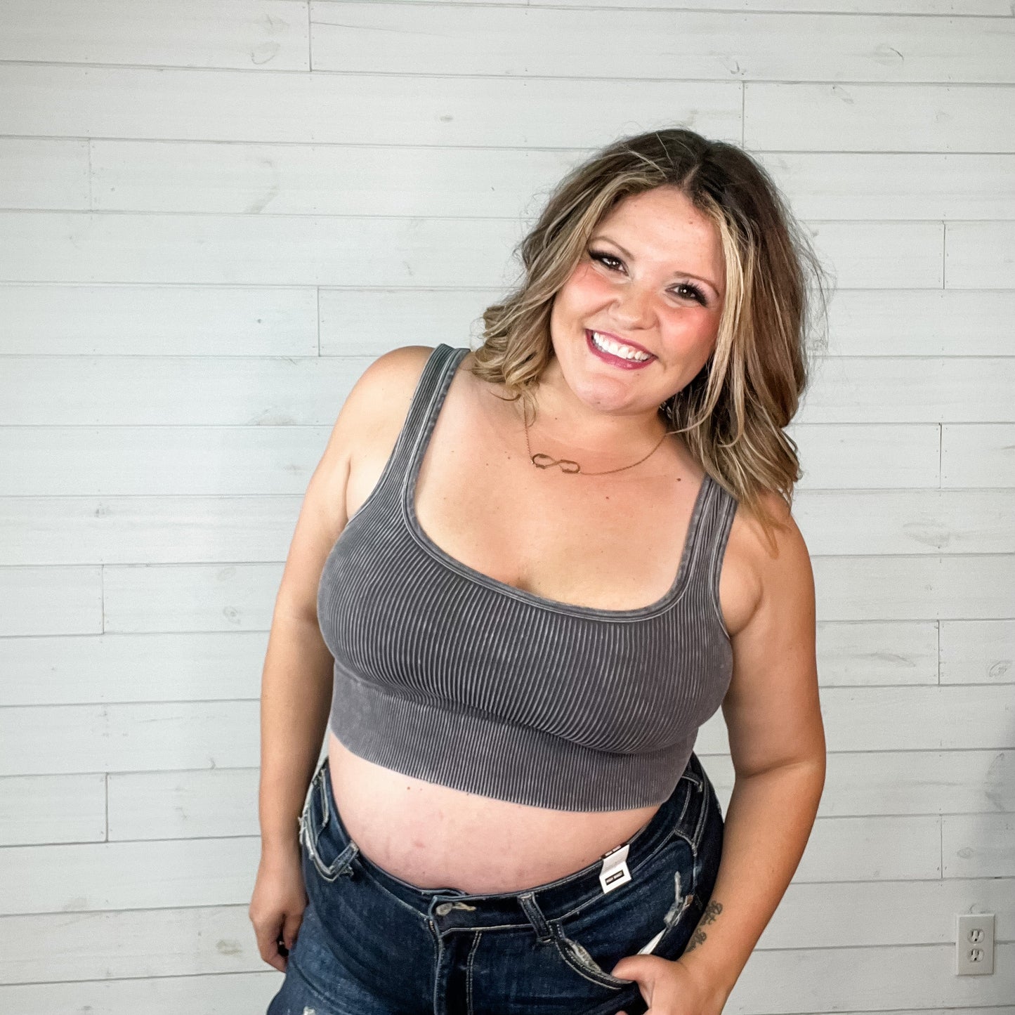 "I'm With The Band" Mineral Wash Ribbed Square Neck Cropped Bralette Tank (Multiple Colors)