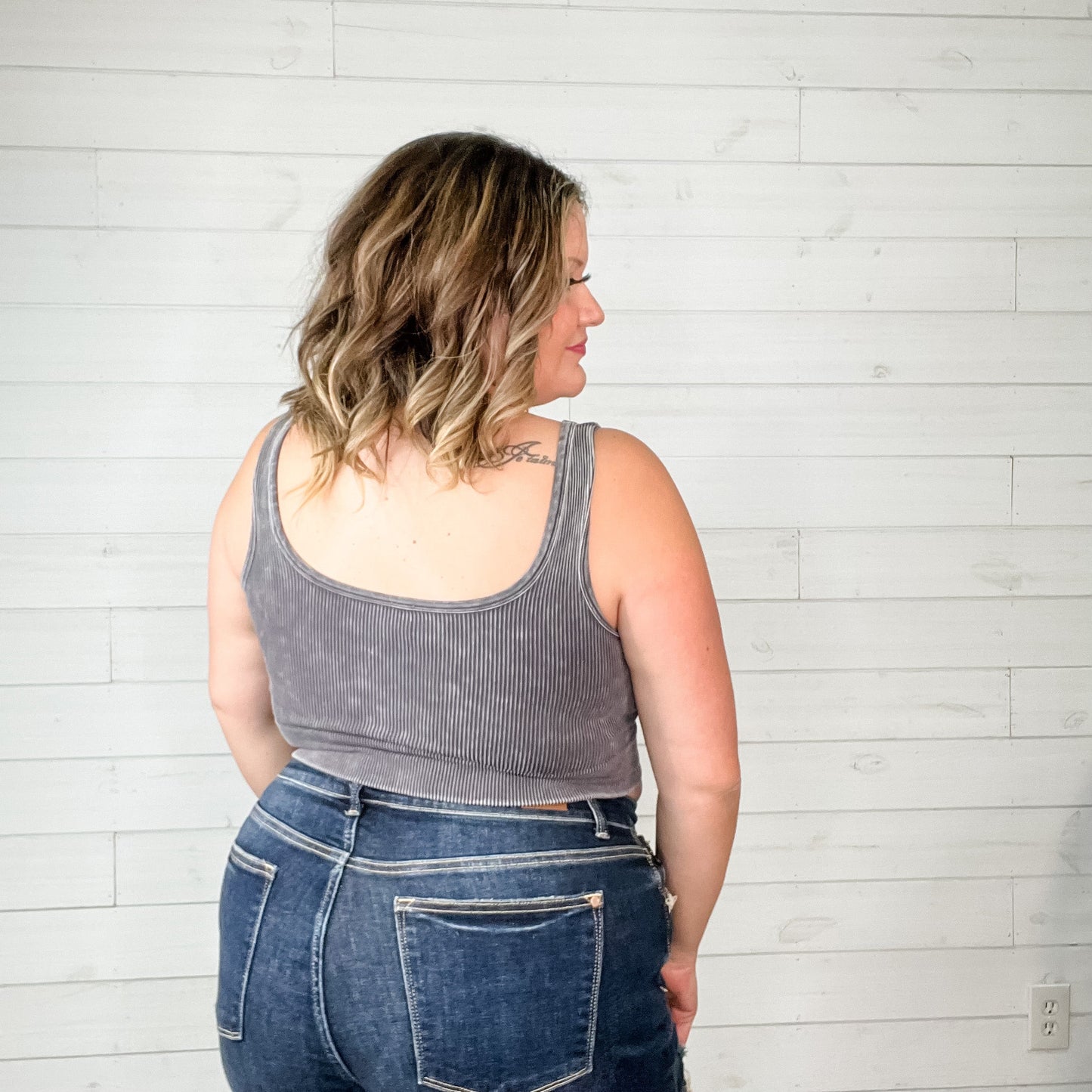 "I'm With The Band" Mineral Wash Ribbed Square Neck Cropped Bralette Tank (Multiple Colors)