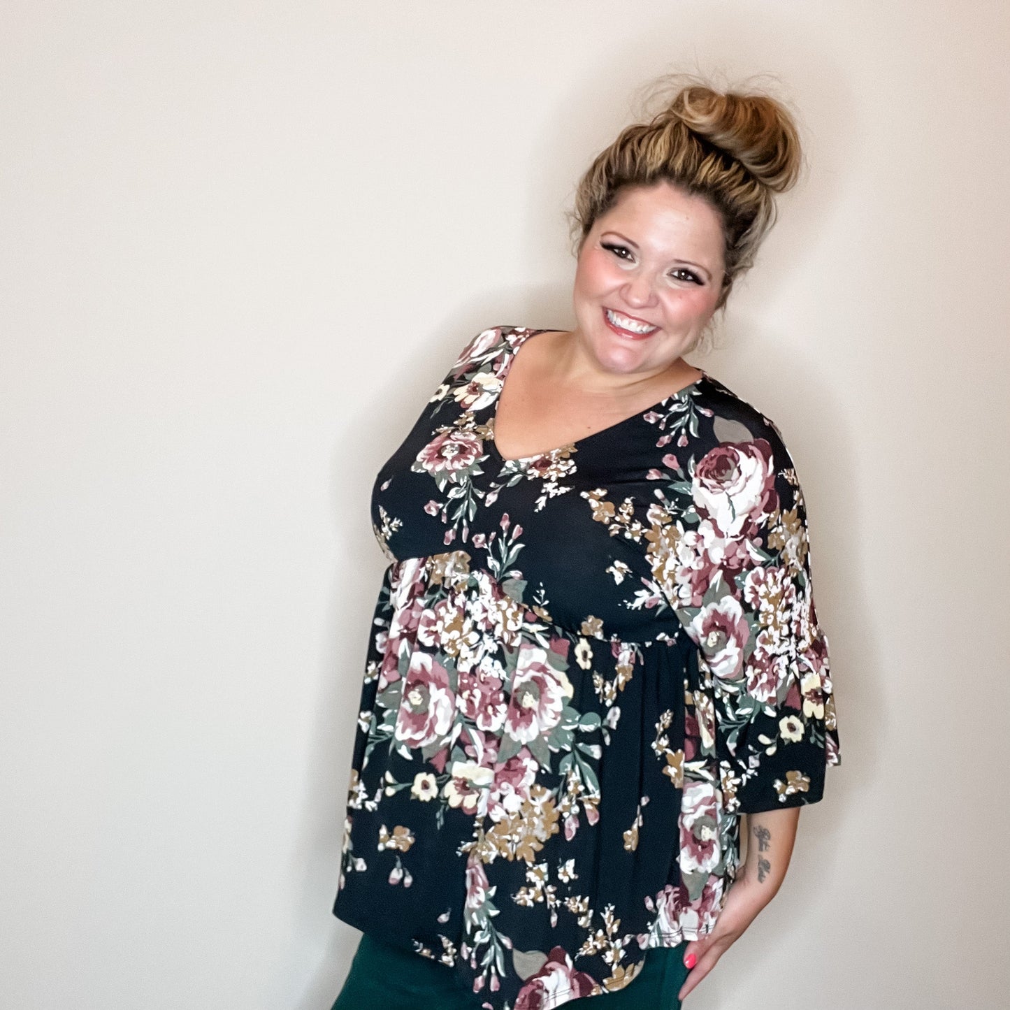 "In Do Time" Floral 3/4 Ruffle Sleeve Babydoll