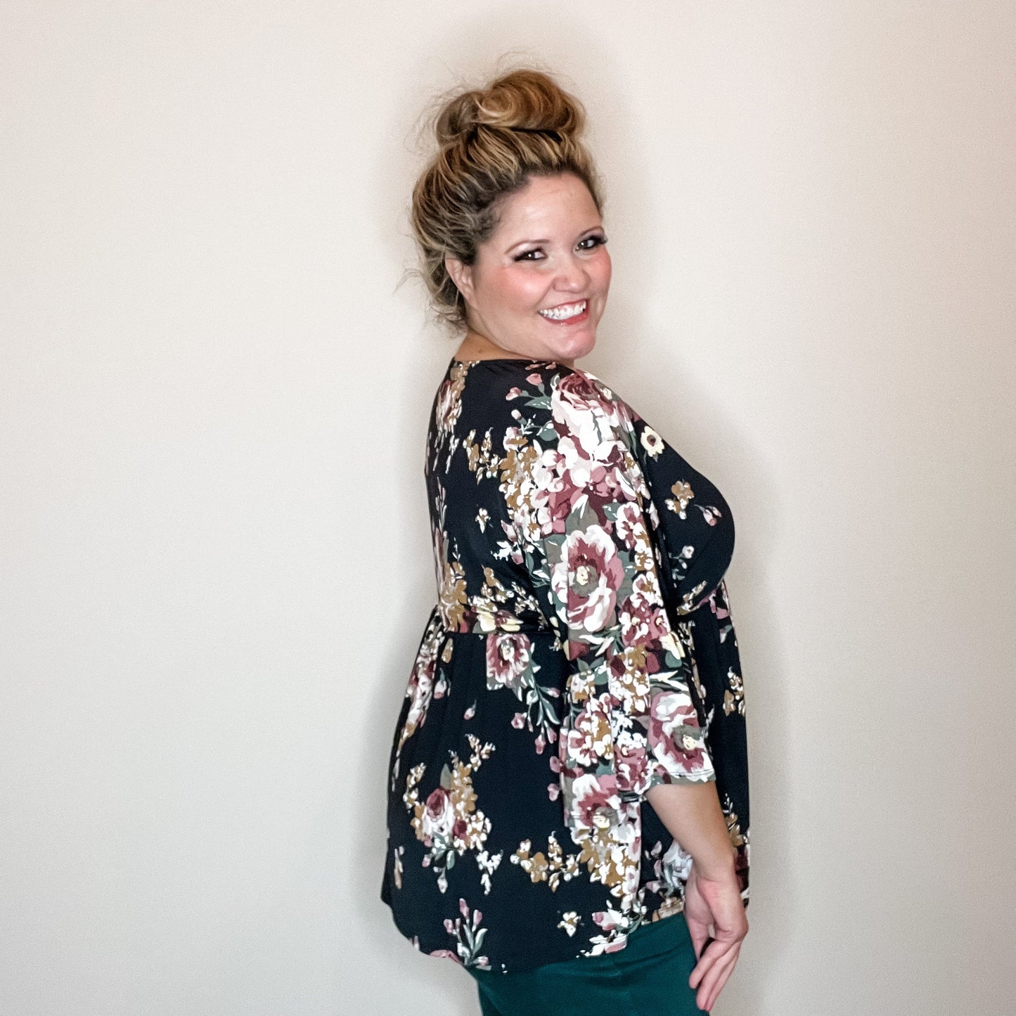 "In Do Time" Floral 3/4 Ruffle Sleeve Babydoll