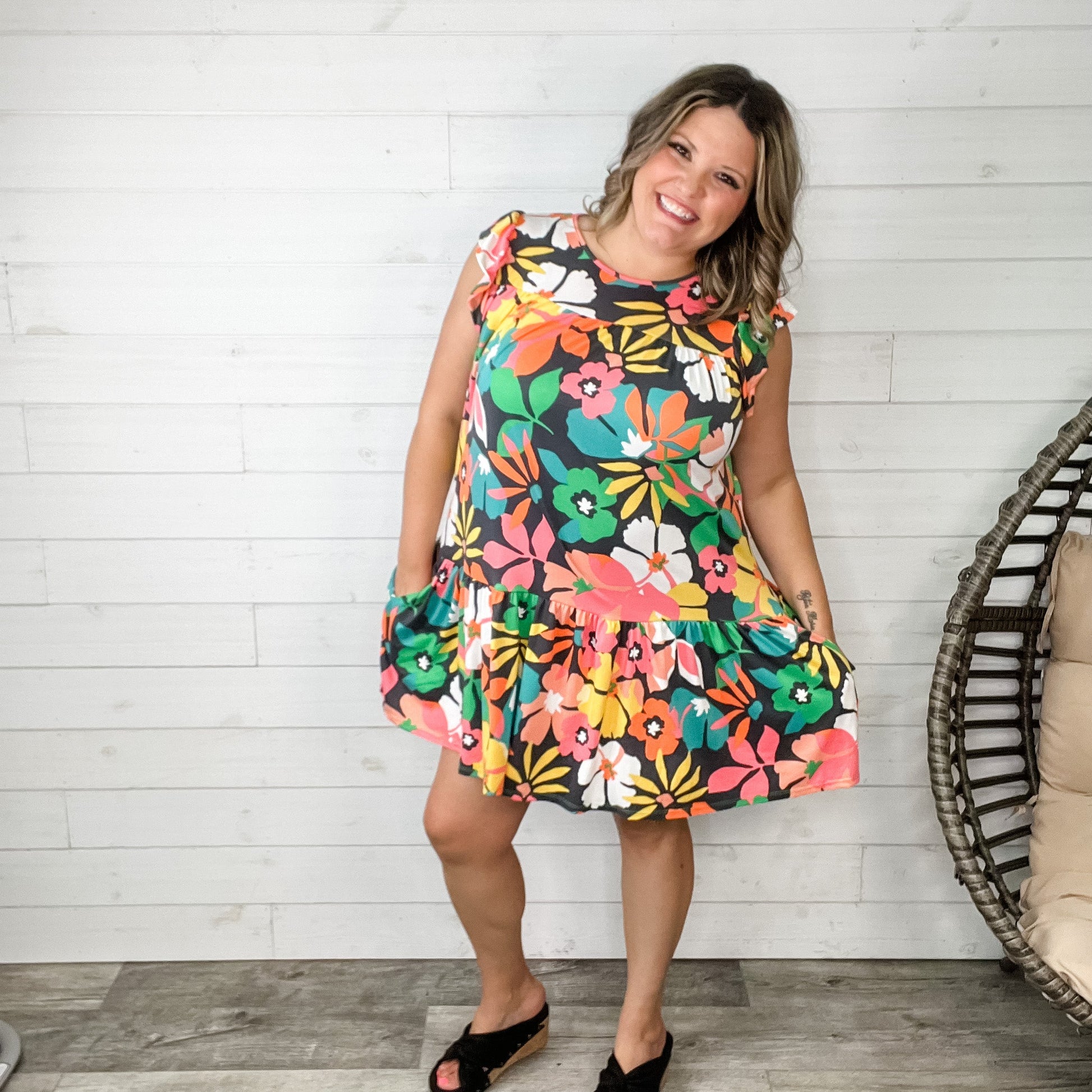 "In The Middle" Ruffle Cap Sleeve Dress