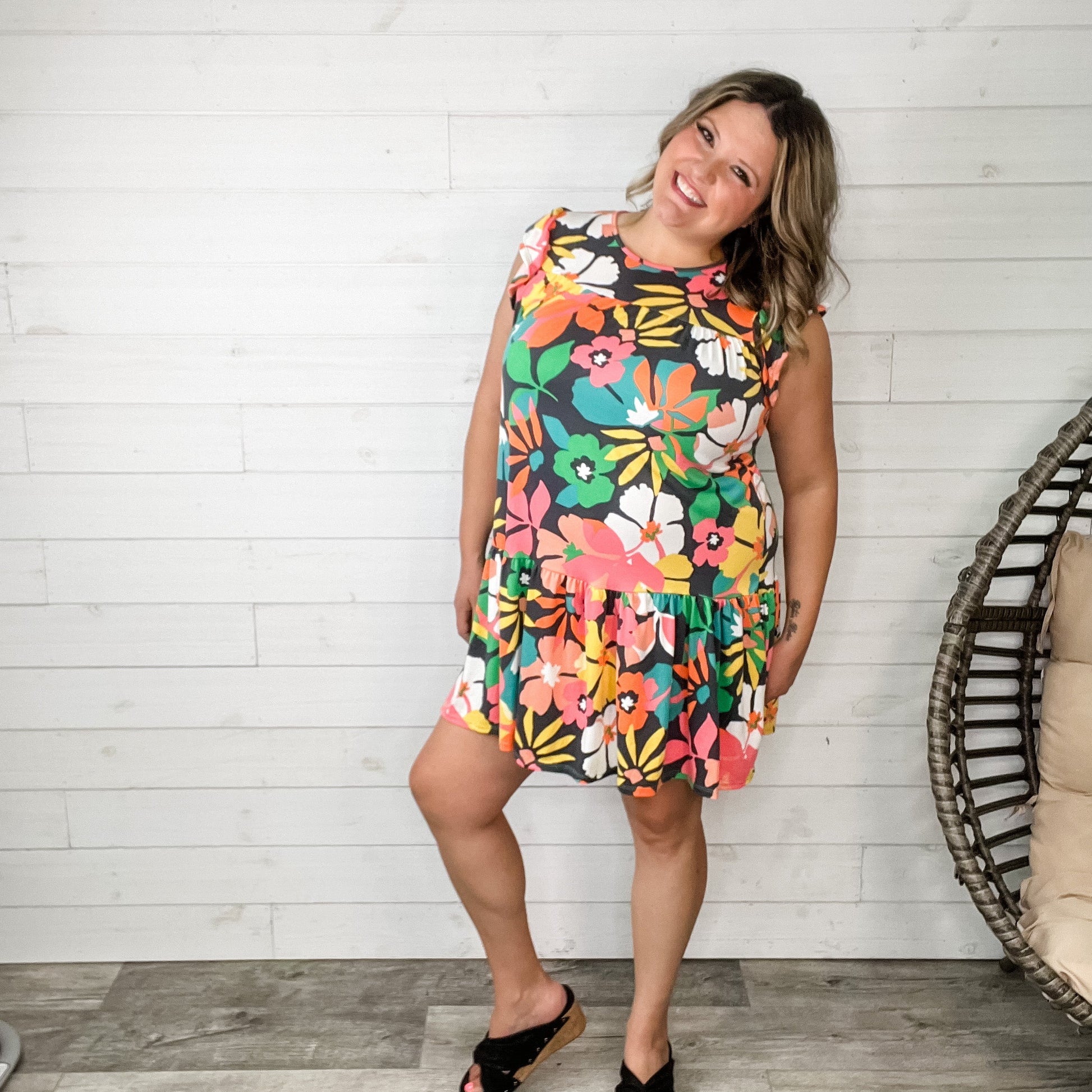 "In The Middle" Ruffle Cap Sleeve Dress