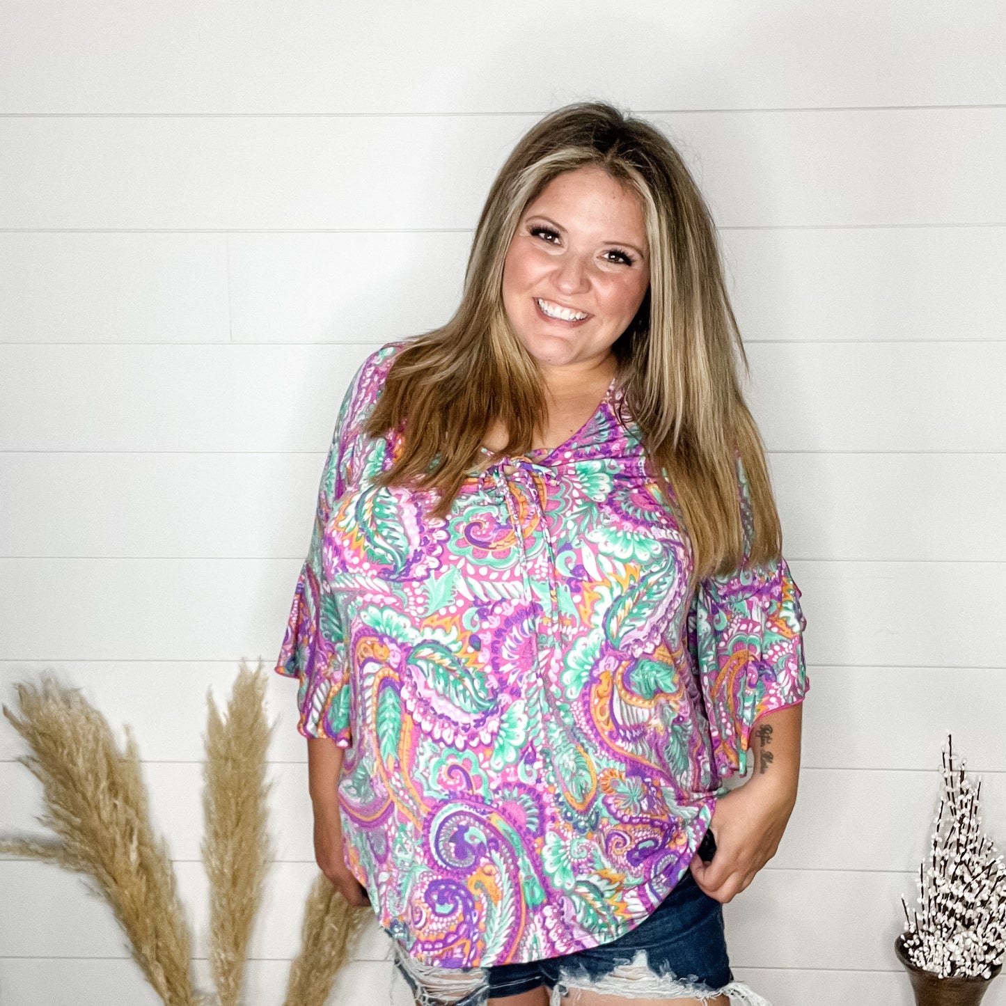 "Indecision" V Neck with Front Tie 3/4 Bell Sleeve