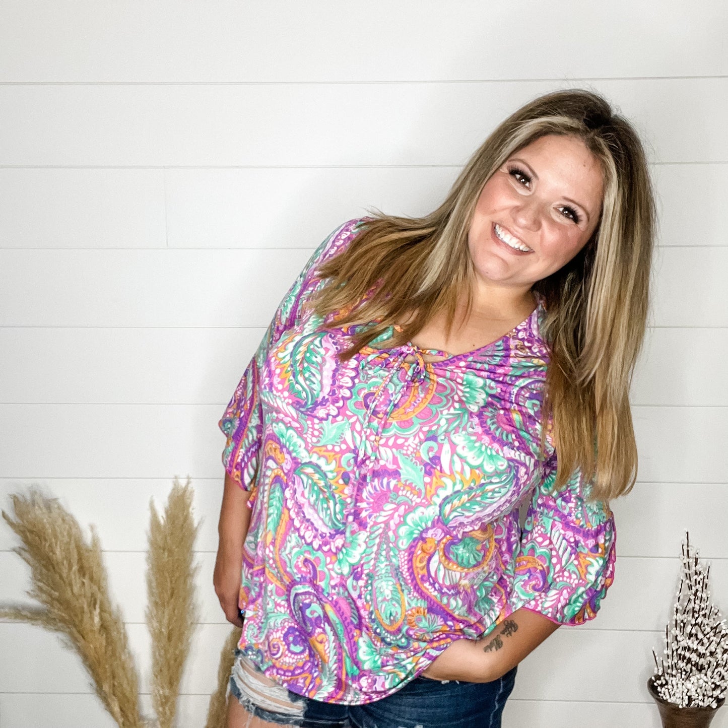 "Indecision" V Neck with Front Tie 3/4 Bell Sleeve