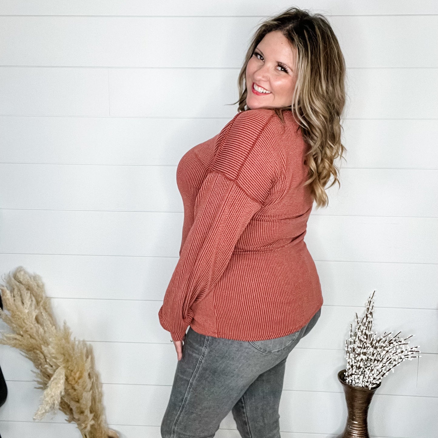 "Inside Out" Long Sleeve Ribbed V Neck with Outside Stitch Detail (Rust)