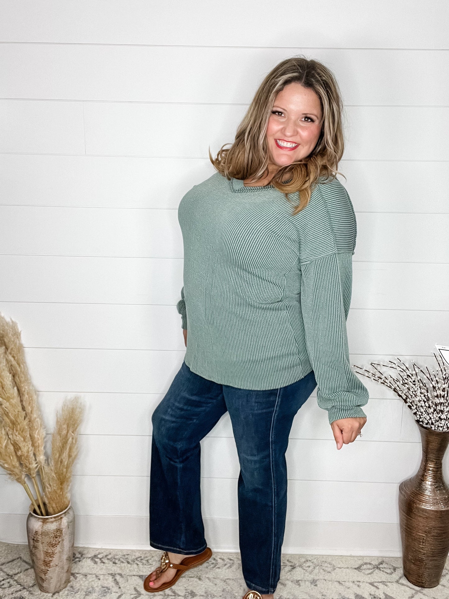 "Inside Out" Long Sleeve Ribbed V Neck with Outside Stitch Detail (Vintage Olive)
