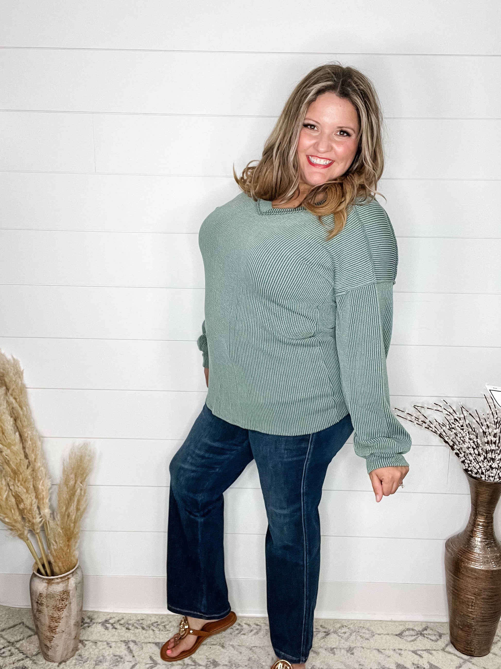 "Inside Out" Long Sleeve Ribbed V Neck with Outside Stitch Detail (Vintage Olive)