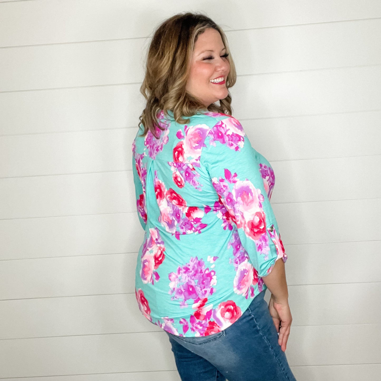 "Interlude" Floral Lizzy 3/4 Sleeve Split Neck Tops