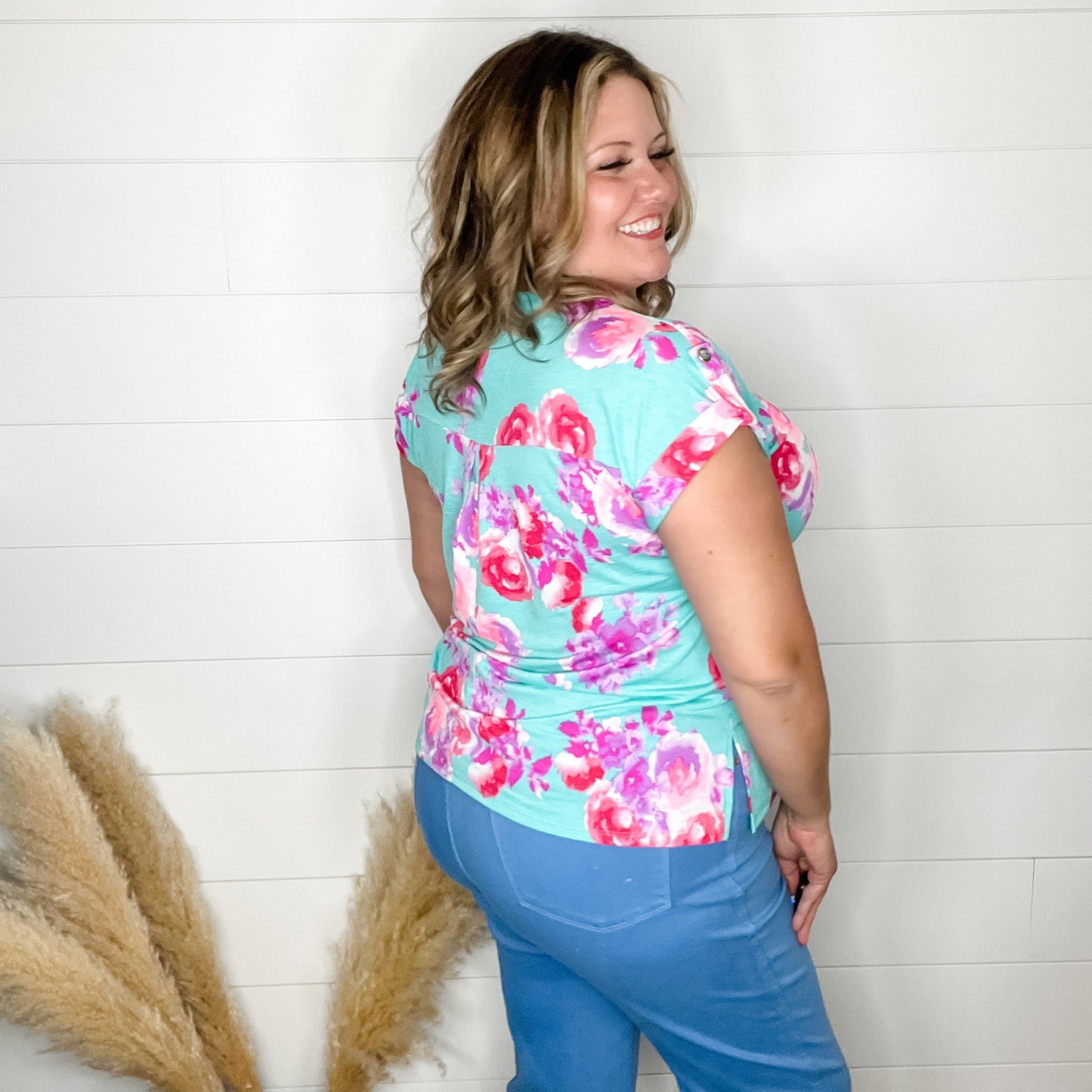 "Interlude" Floral Split Neck Cuffed Short Sleeve