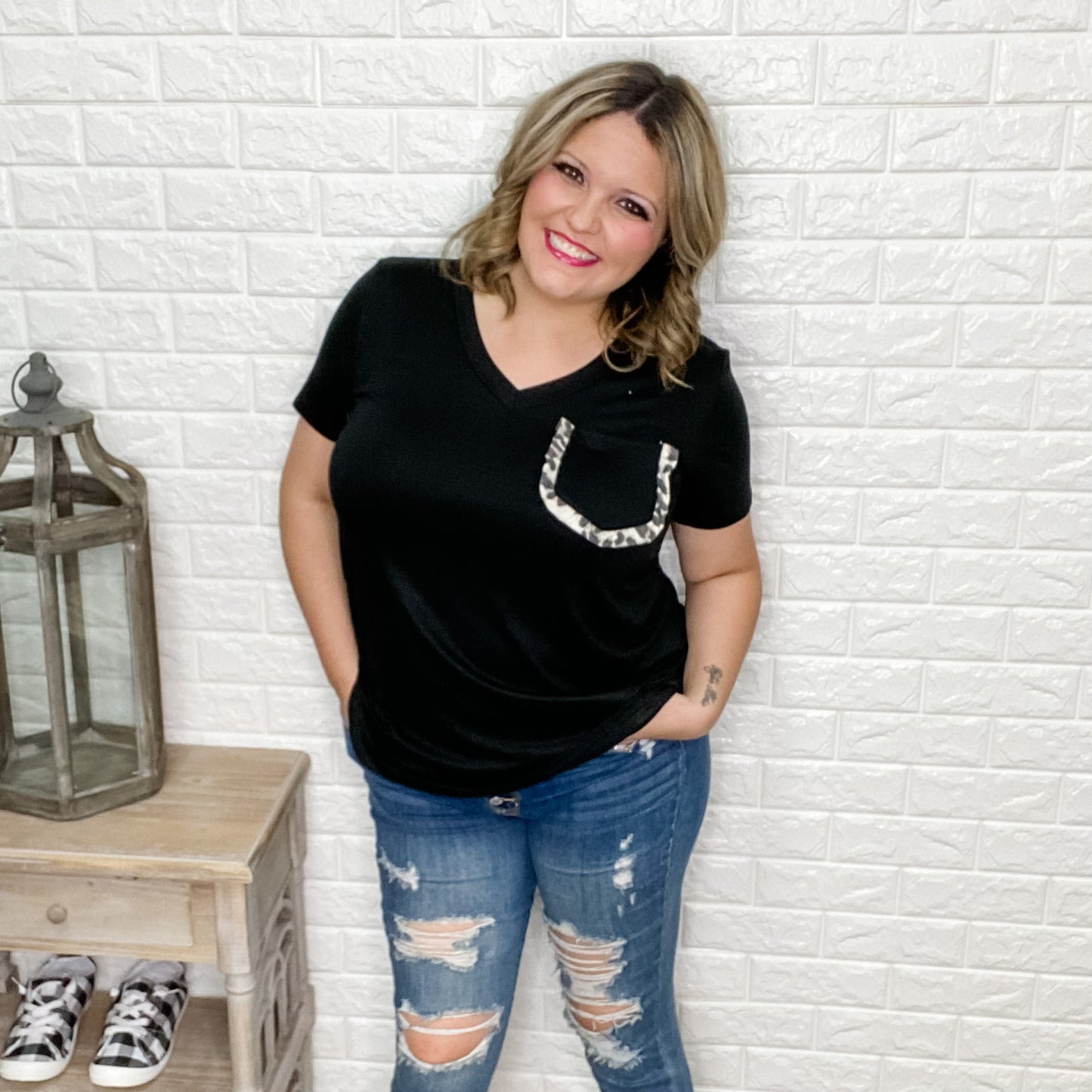 "Jamie" Pocket Tee with Animal Accent (Black& Grey)