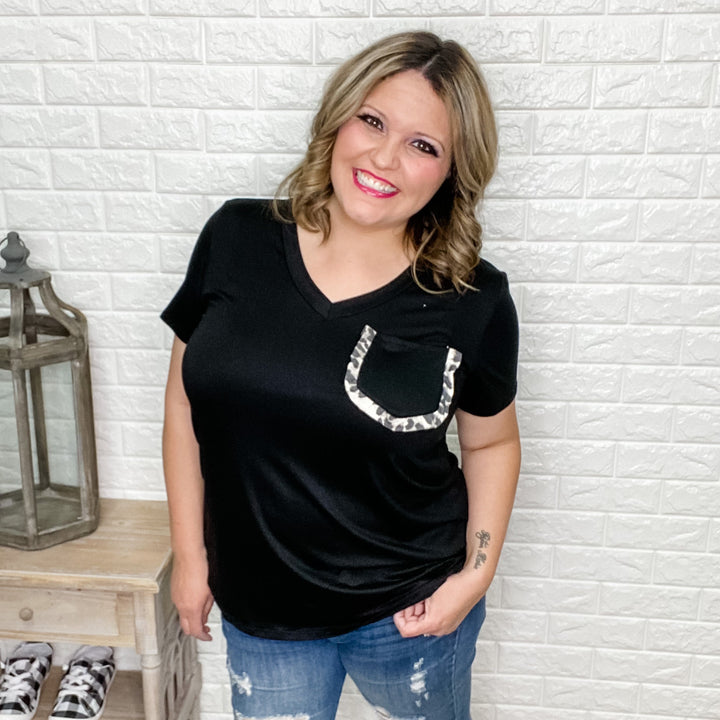 "Jamie" Pocket Tee with Animal Accent (Black& Grey)