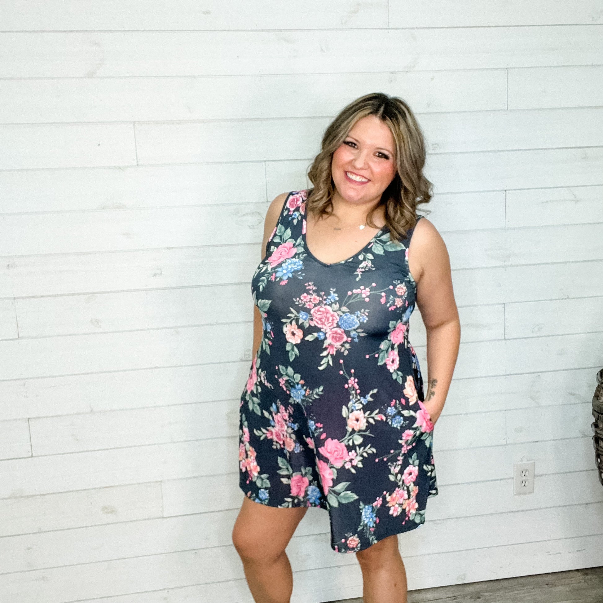 "Jana" Floral V Neck Tank Dress with Pockets