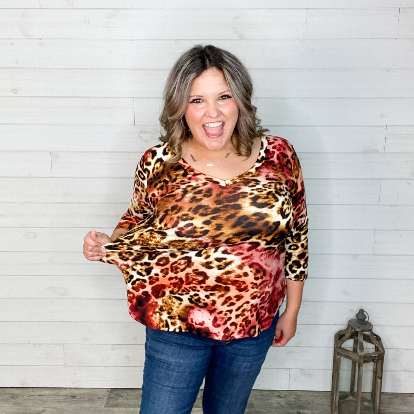 "Jersey" 3/4 Sleeve Animal Print V Neck