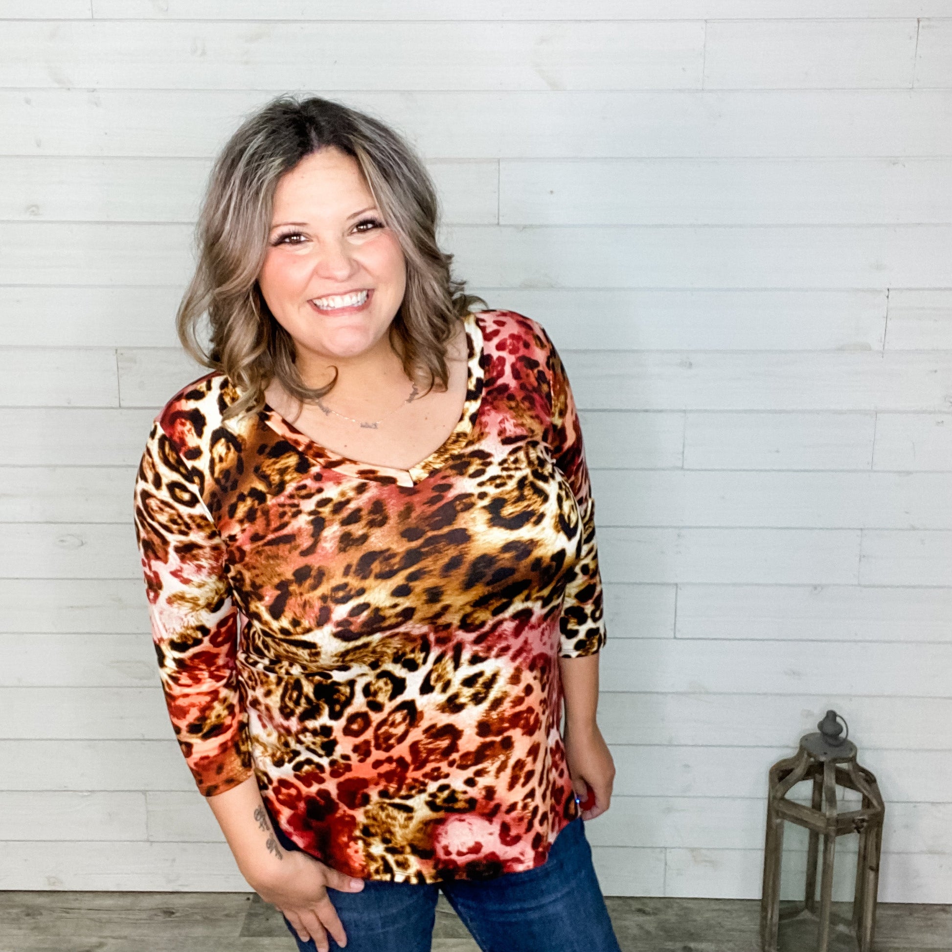 "Jersey" 3/4 Sleeve Animal Print V Neck