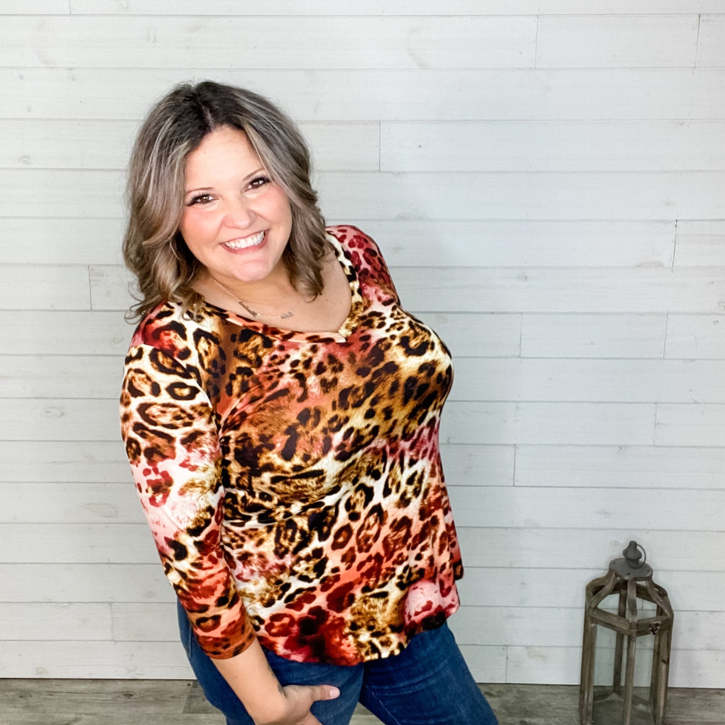 "Jersey" 3/4 Sleeve Animal Print V Neck