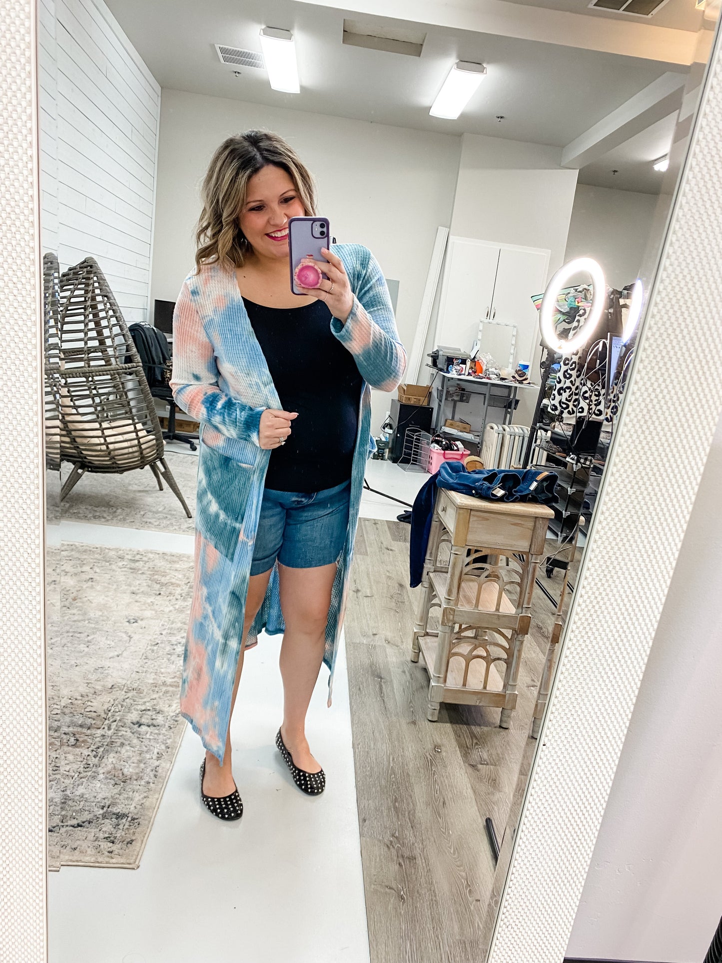"Jill" Tie Dye Waffle Texture Cardigan/Duster