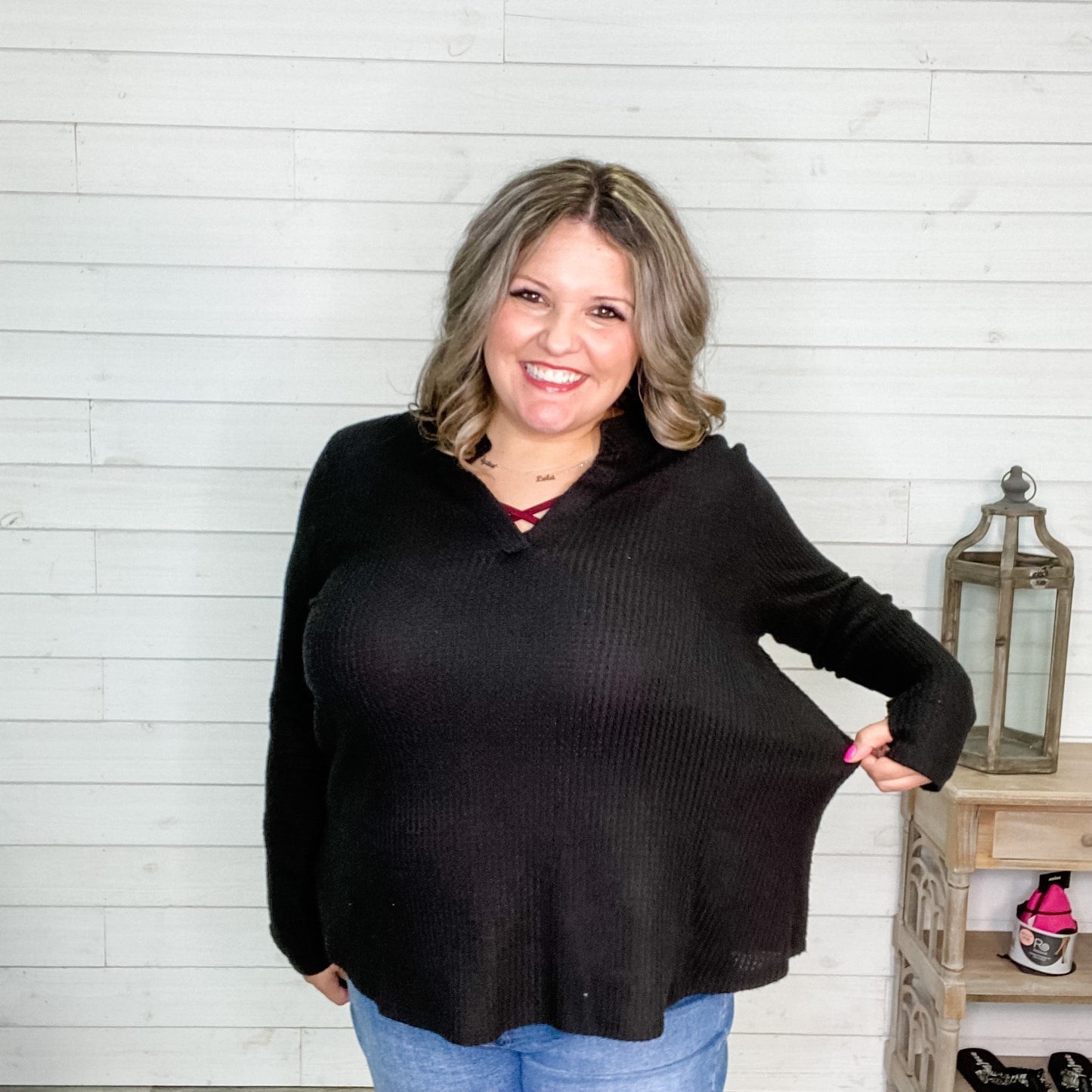 "Jinger" Waffle Texture Long Sleeve Gabby Style (Black)-Lola Monroe Boutique