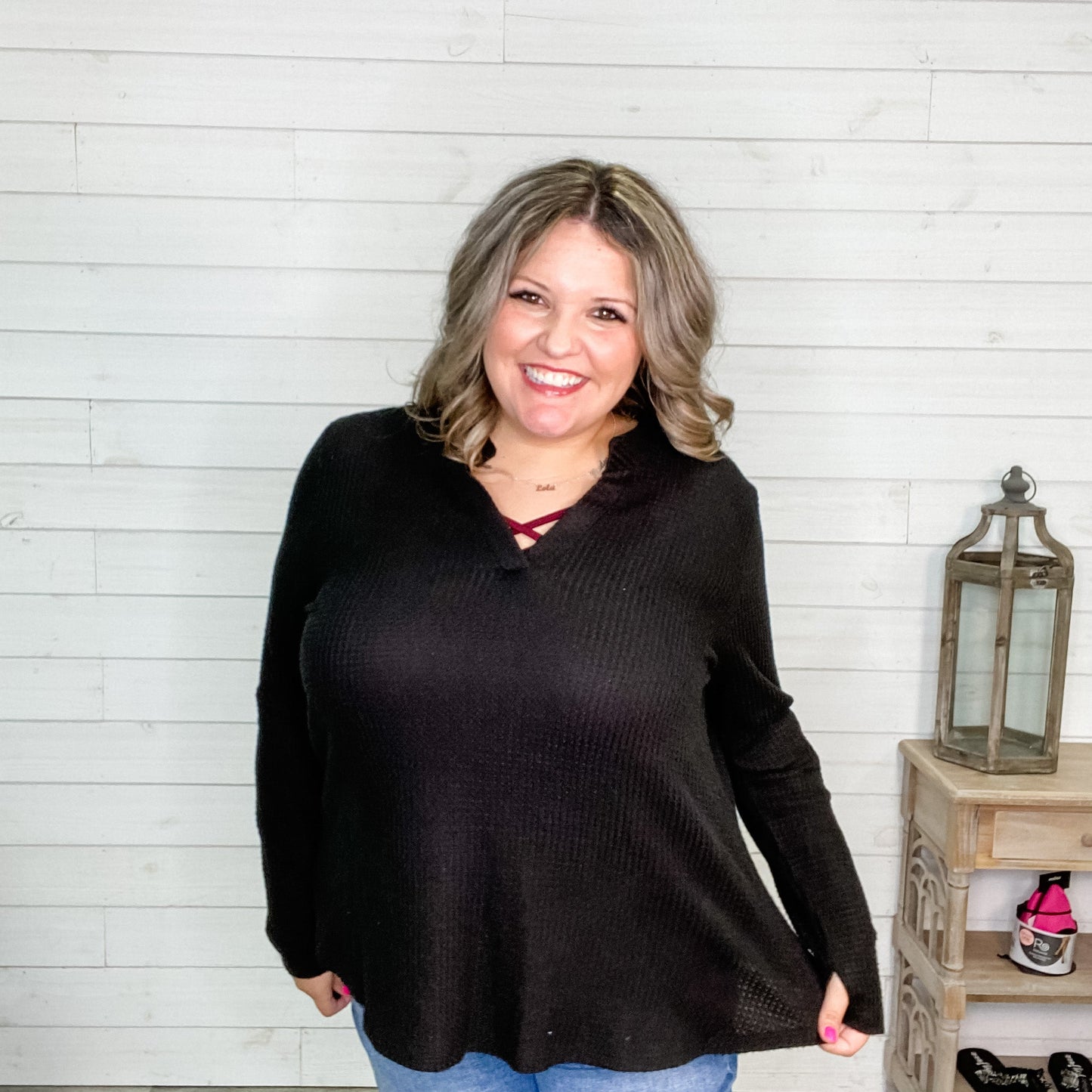 "Jinger" Waffle Texture Long Sleeve Gabby Style (Black)-Lola Monroe Boutique