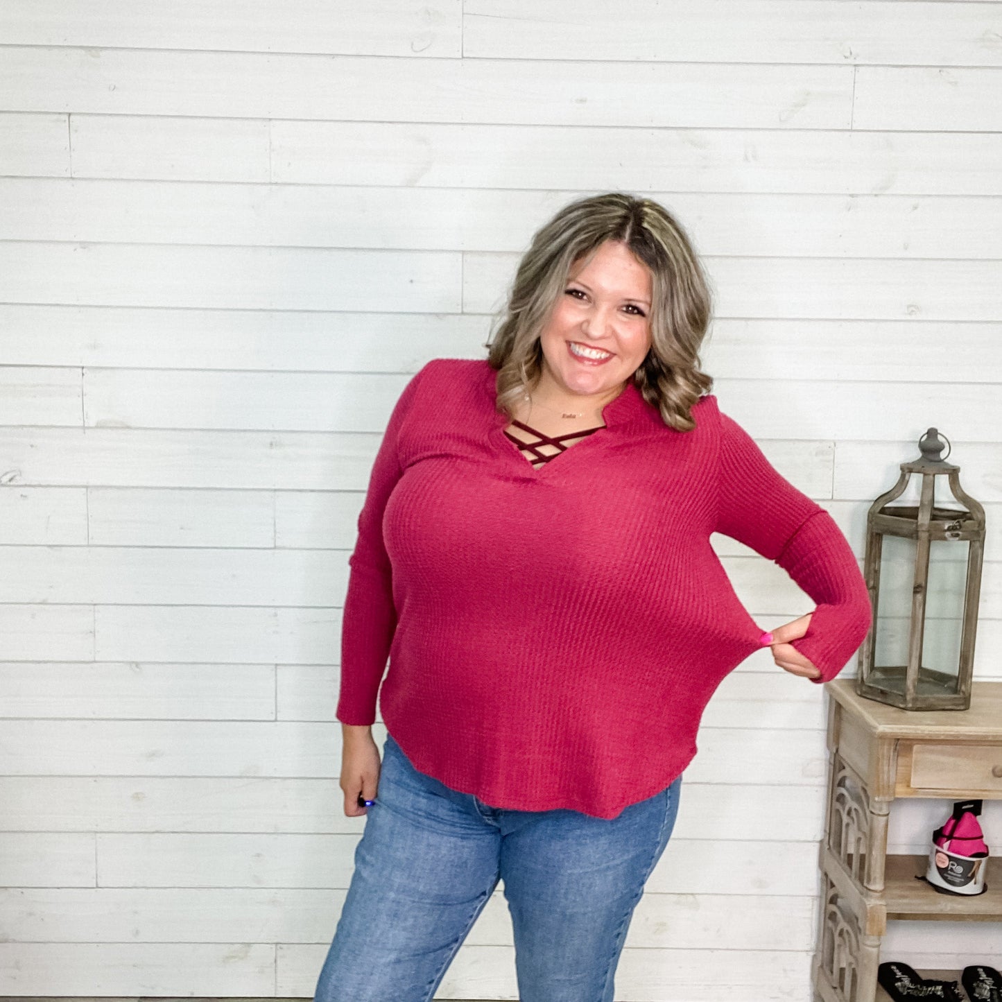 "Jinger" Waffle Texture Long Sleeve Gabby Style (Wine)-Lola Monroe Boutique