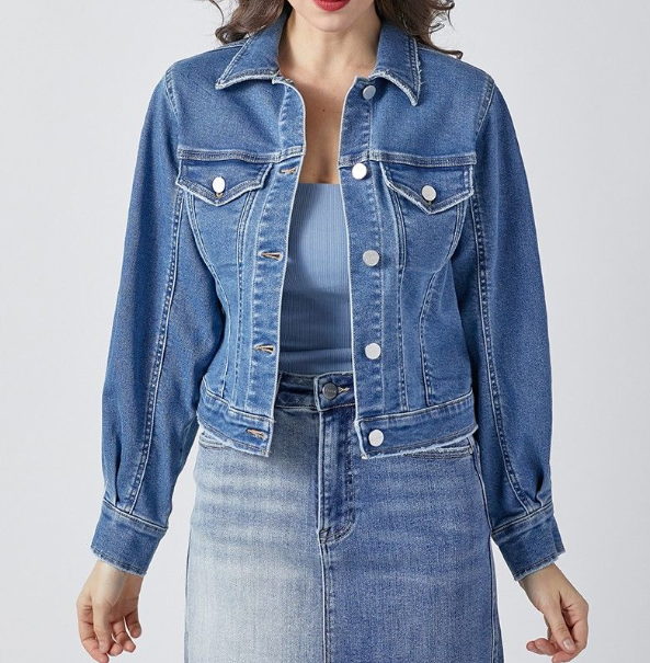 "Johnnie" Short Waisted Denim Jacket (Medium Blue)