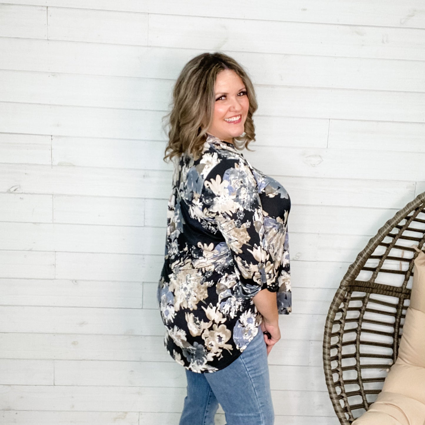"Journey" Floral Lizzy 3/4 Sleeve Split Neck