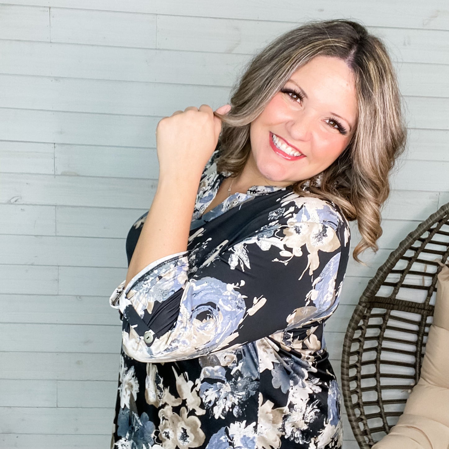 "Journey" Floral Lizzy 3/4 Sleeve Split Neck