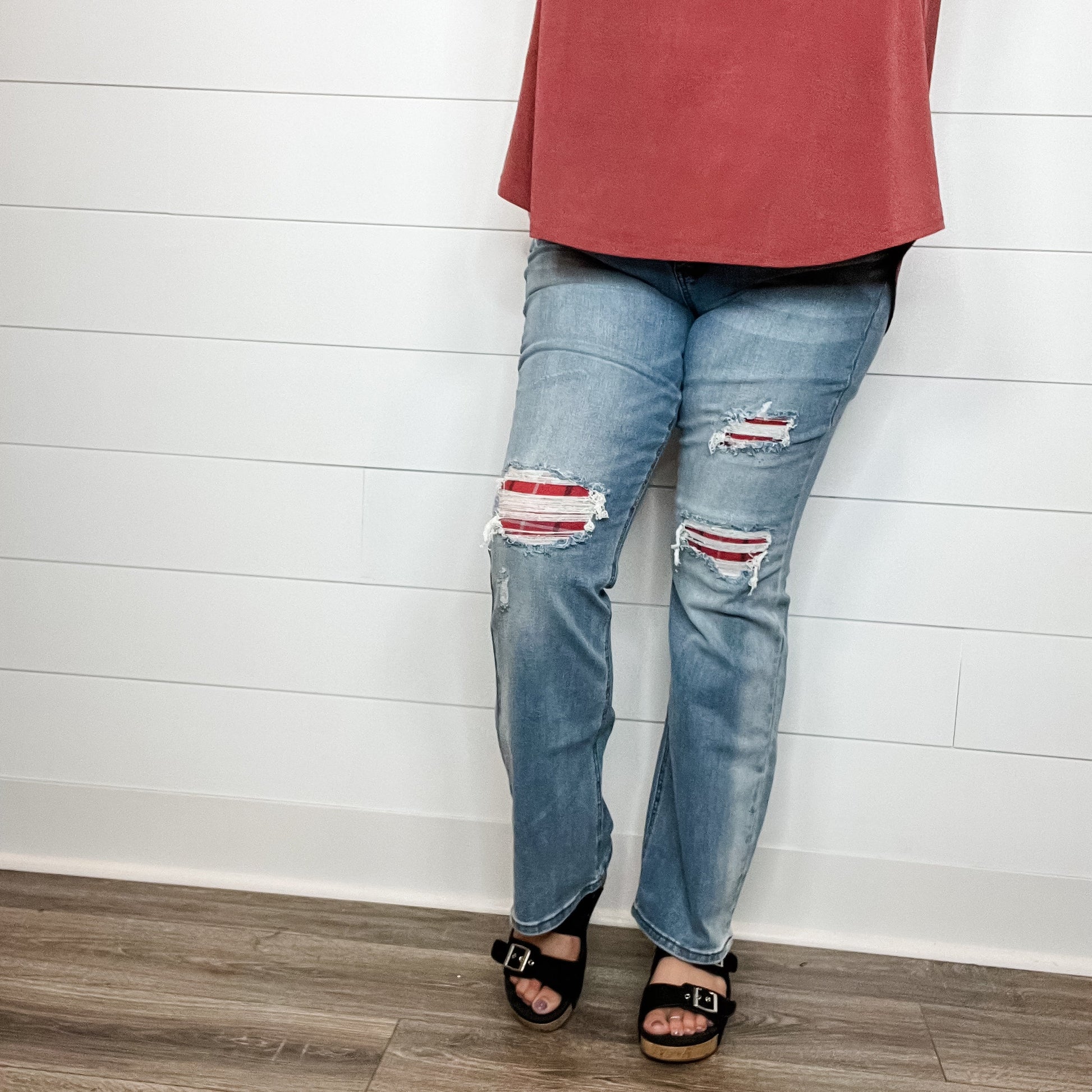 Judy Blue "Buffy" Buffalo Plaid Patch Bootcut Jeans