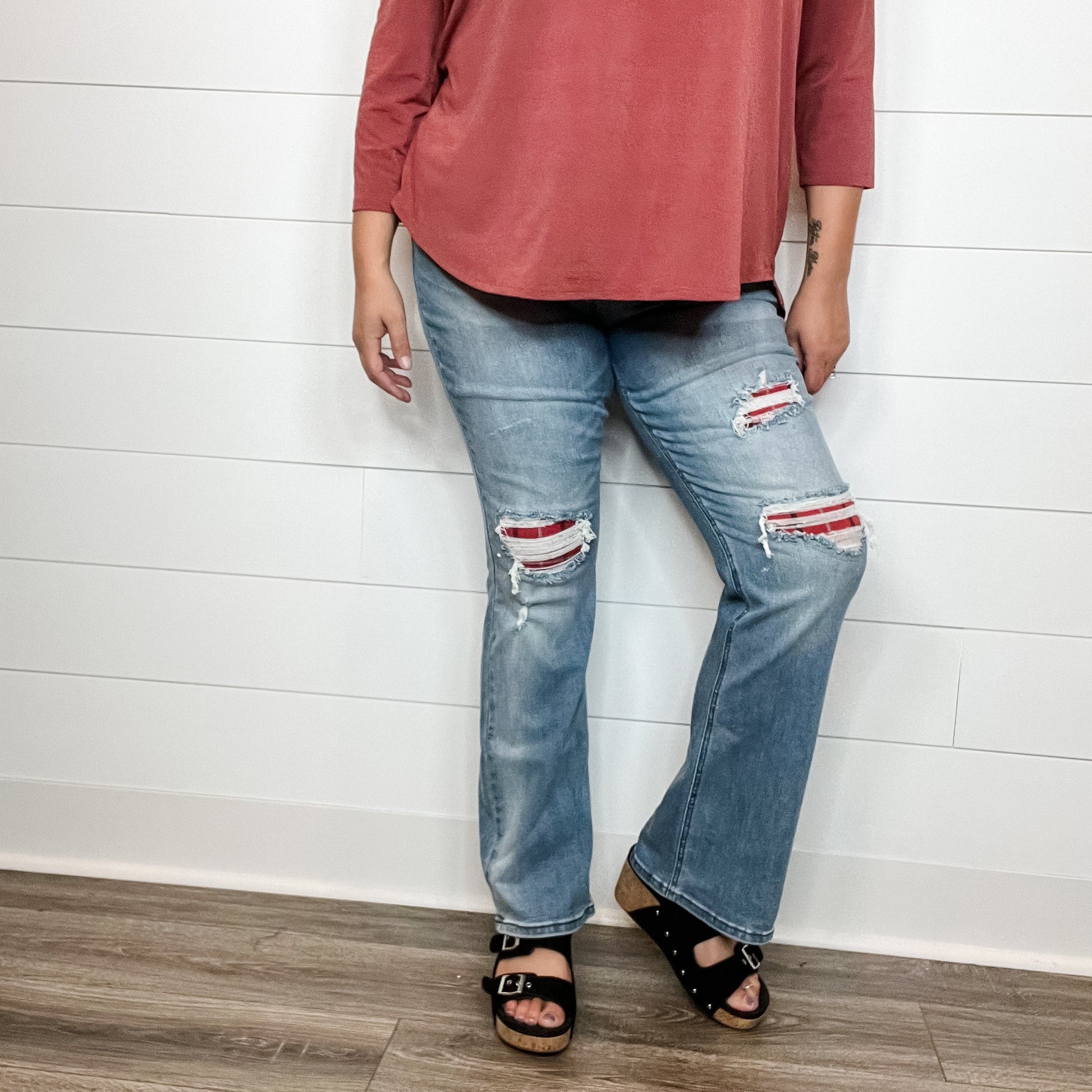 Judy Blue "Buffy" Buffalo Plaid Patch Bootcut Jeans