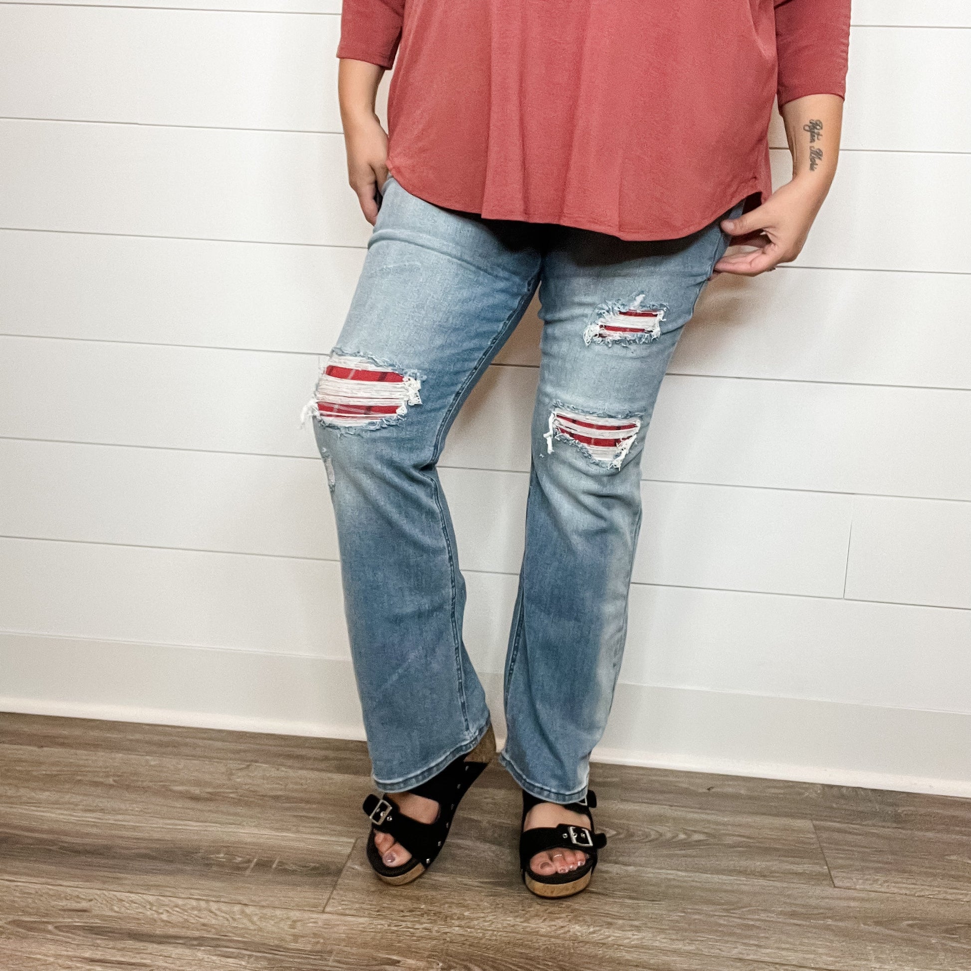 Judy Blue "Buffy" Buffalo Plaid Patch Bootcut Jeans