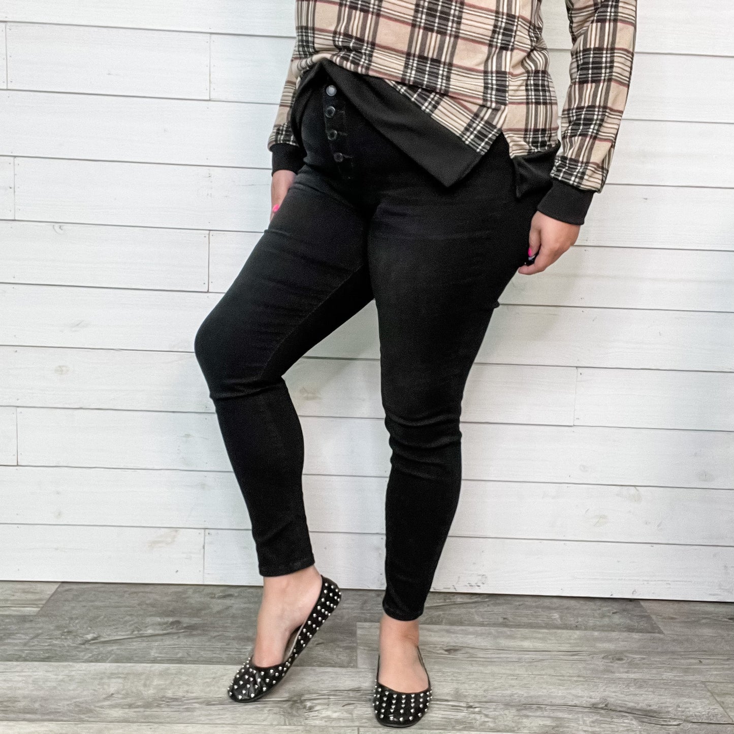Judy Blue "Coal for Christmas" Black Buttonfly Skinny Jeans