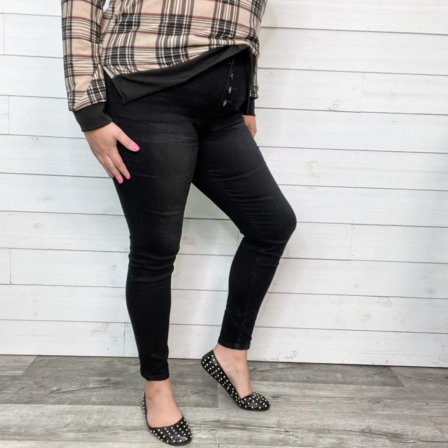 Judy Blue "Coal for Christmas" Black Buttonfly Skinny Jeans