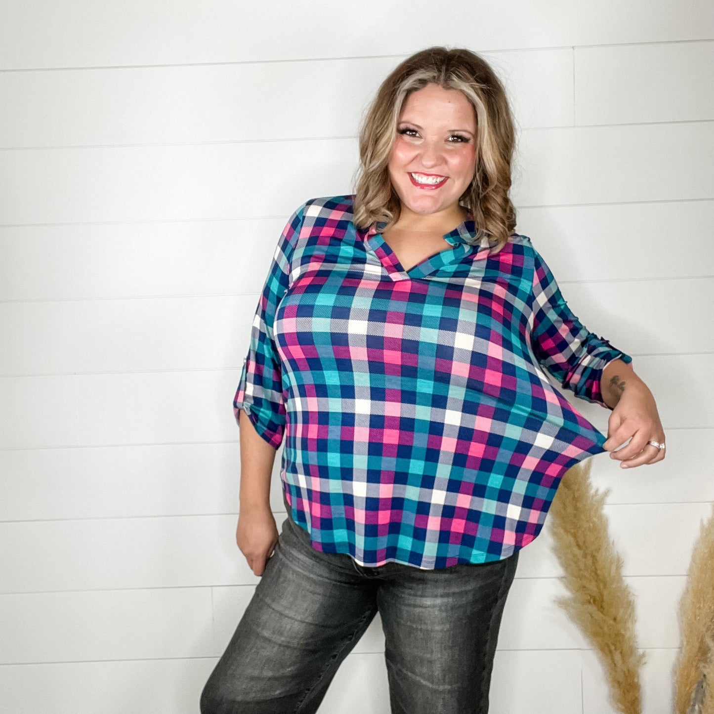 "Junction" Plaid Lizzy 3/4 Sleeve Split Neck