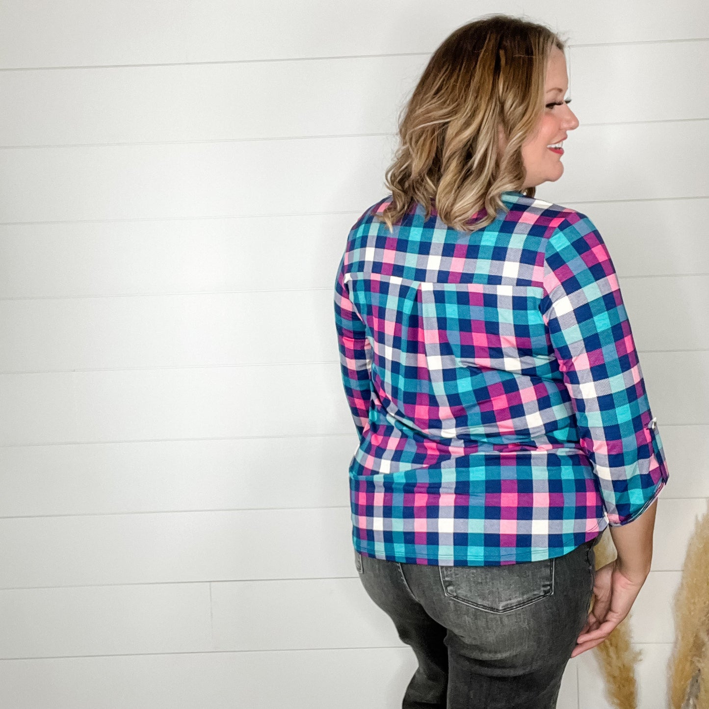 "Junction" Plaid Lizzy 3/4 Sleeve Split Neck
