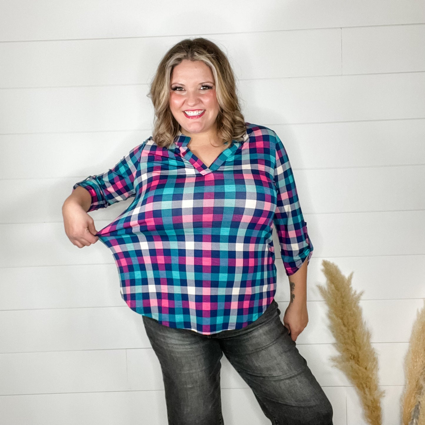 "Junction" Plaid Lizzy 3/4 Sleeve Split Neck