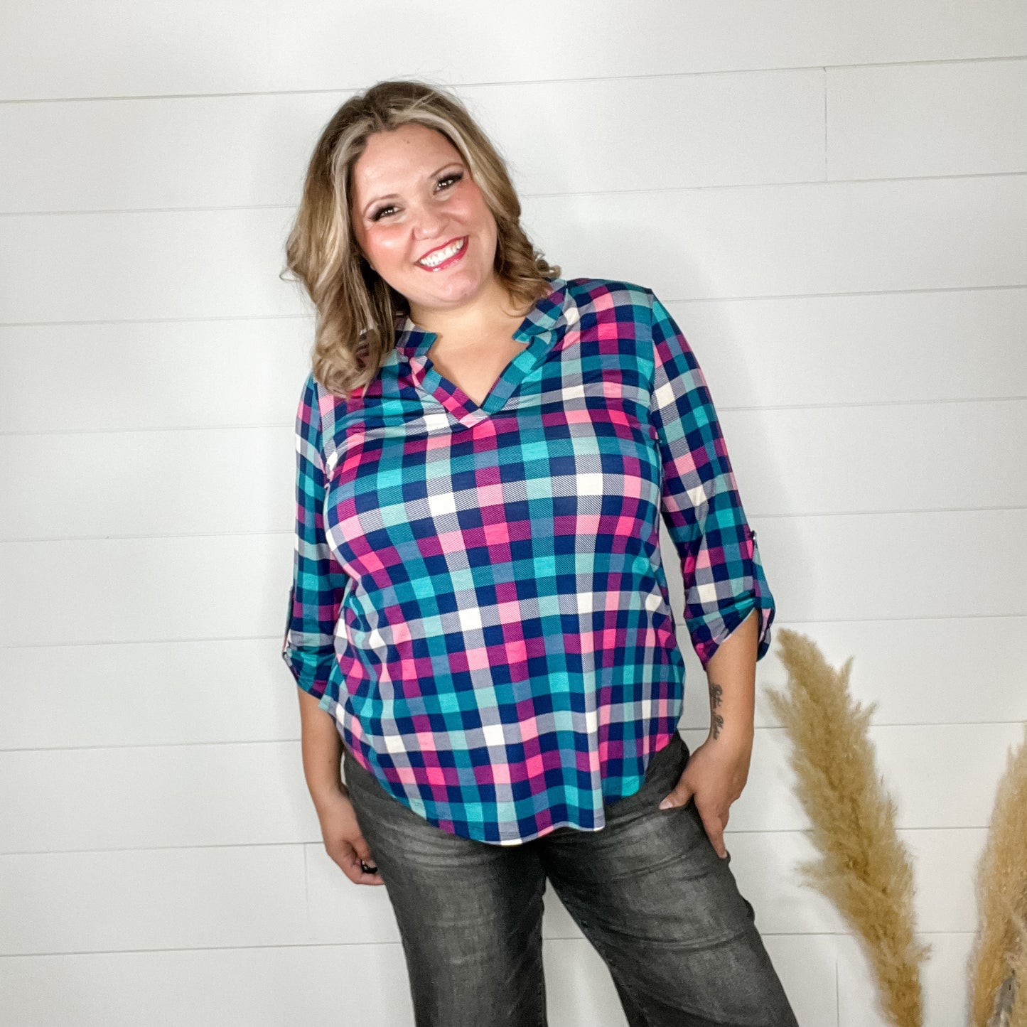"Junction" Plaid Lizzy 3/4 Sleeve Split Neck